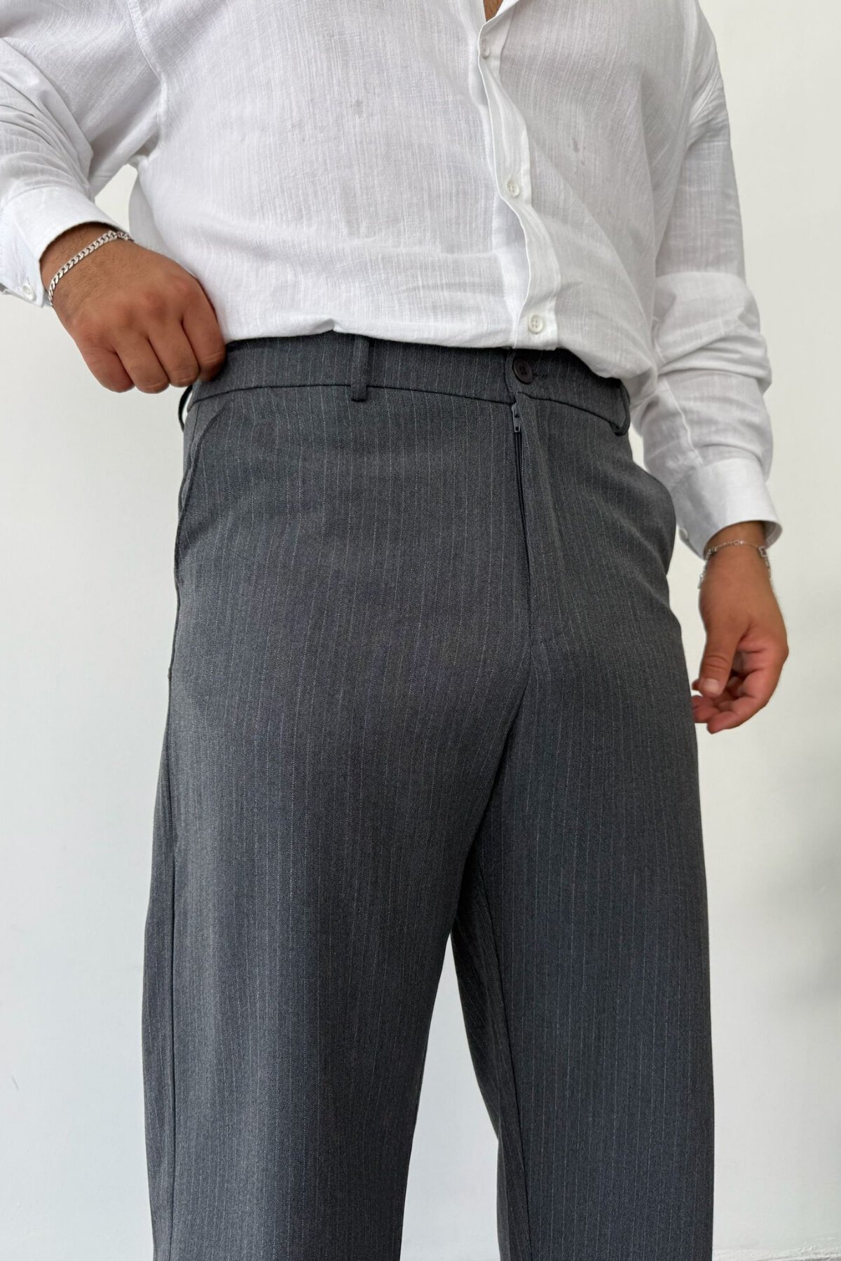 Antrasit Çizgili Baggy Kumaş Pantolon