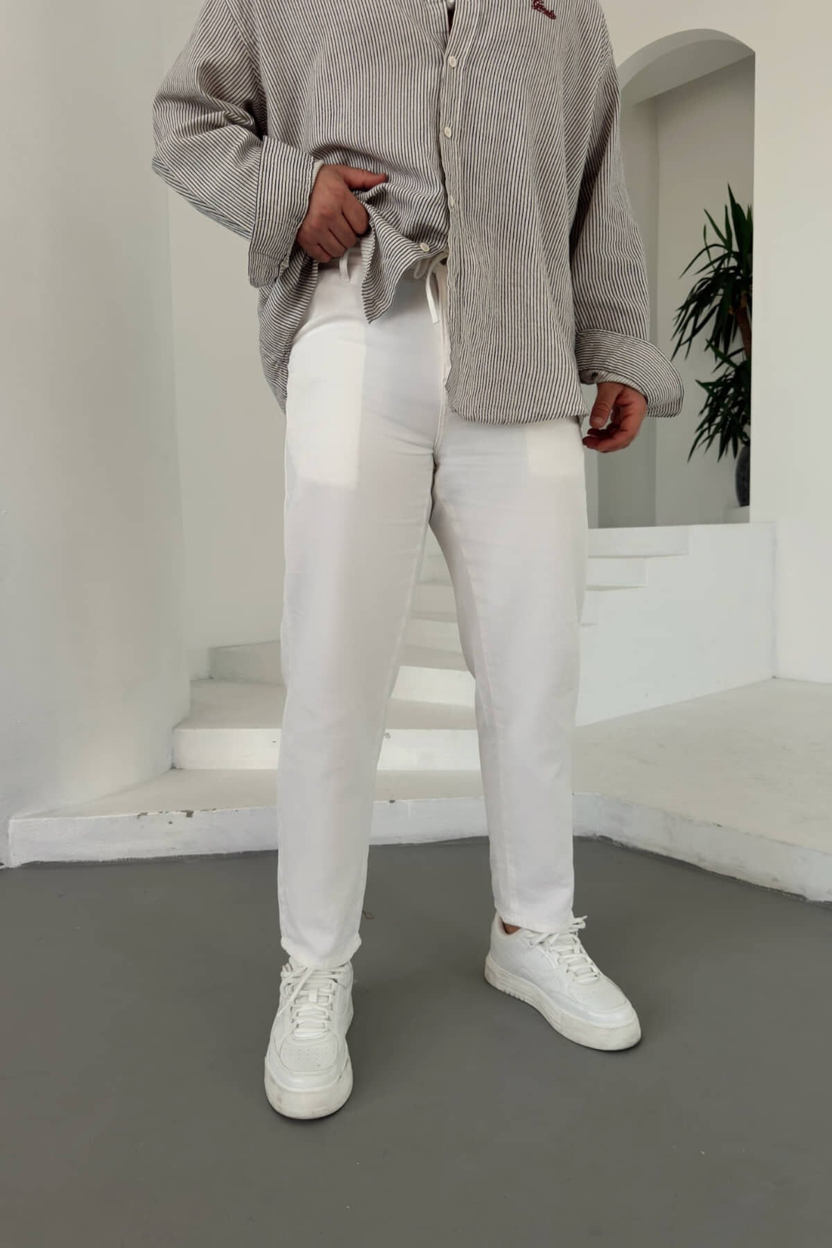 Ekru Boyfriend İpli Pantolon
