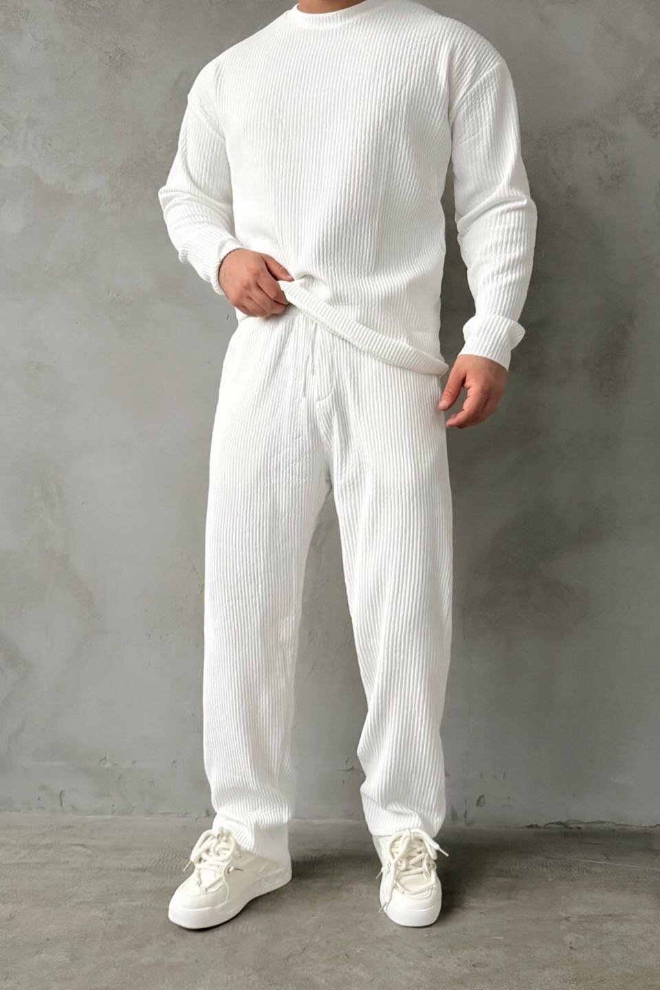 White Ottoman Fabric Ribbed Pants