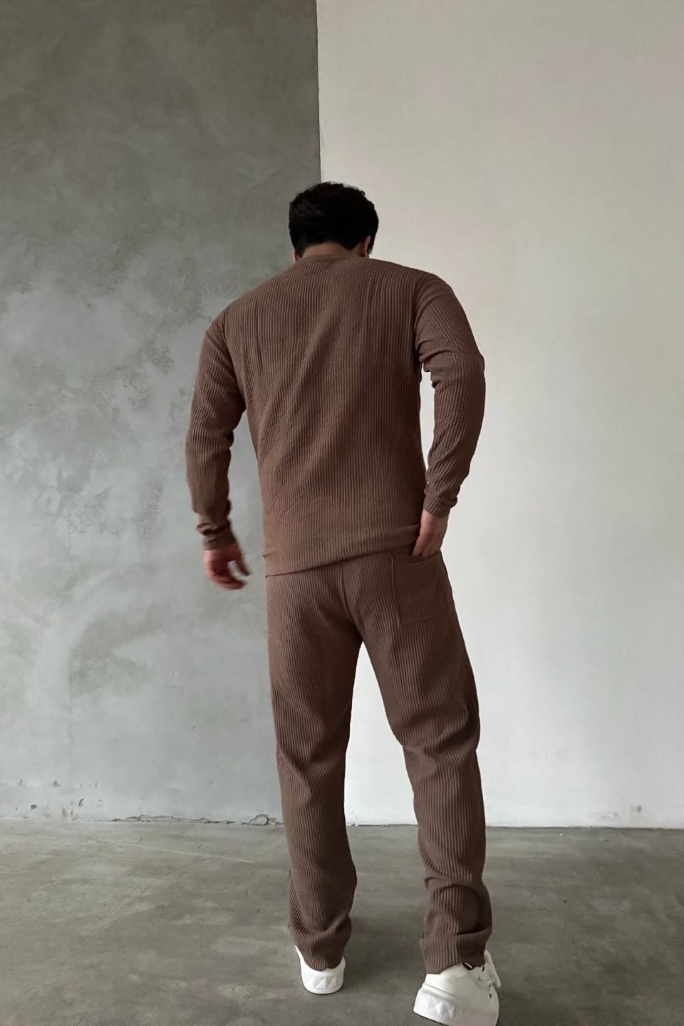 Brown Ottoman Fabric Ribbed Pants