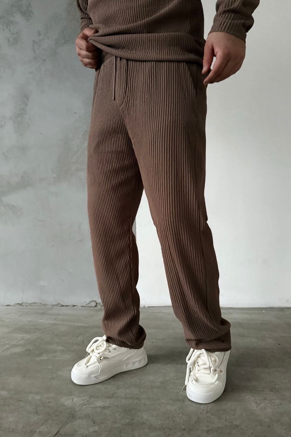 Brown Ottoman Fabric Ribbed Pants