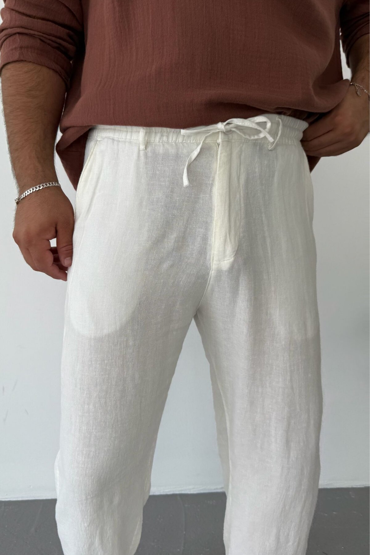 Beyaz Viscon Keten Baggy Pantolon