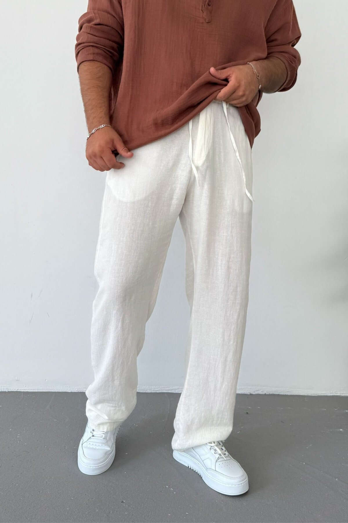 Beyaz Viscon Keten Baggy Pantolon