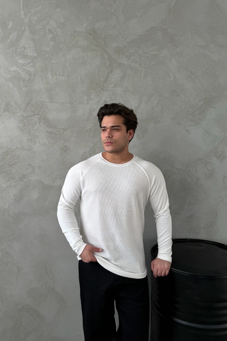 Beyaz Waffle Kumaş Reglan Kol Sweat