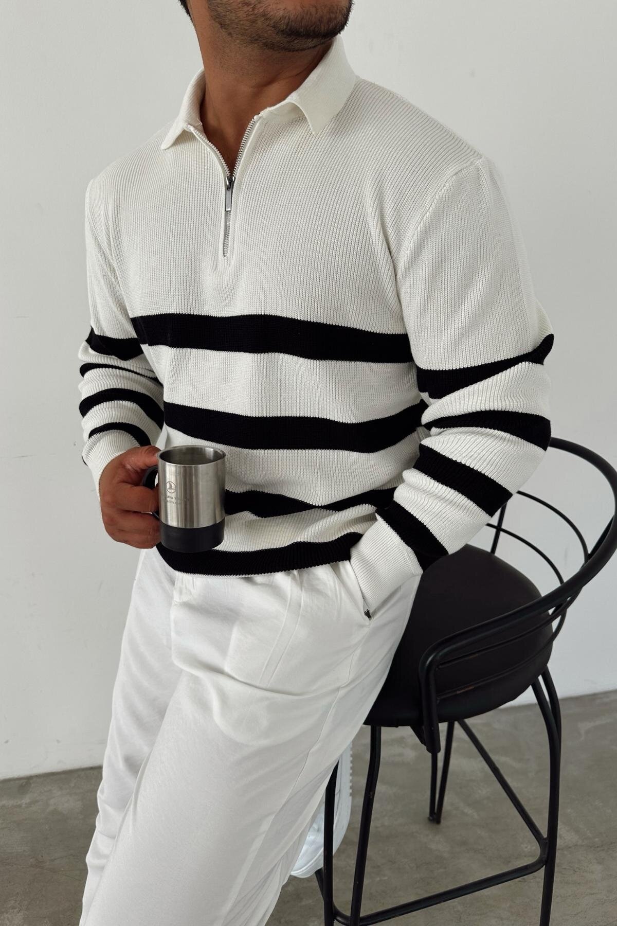 Striped Knitwear, Zip-Up White