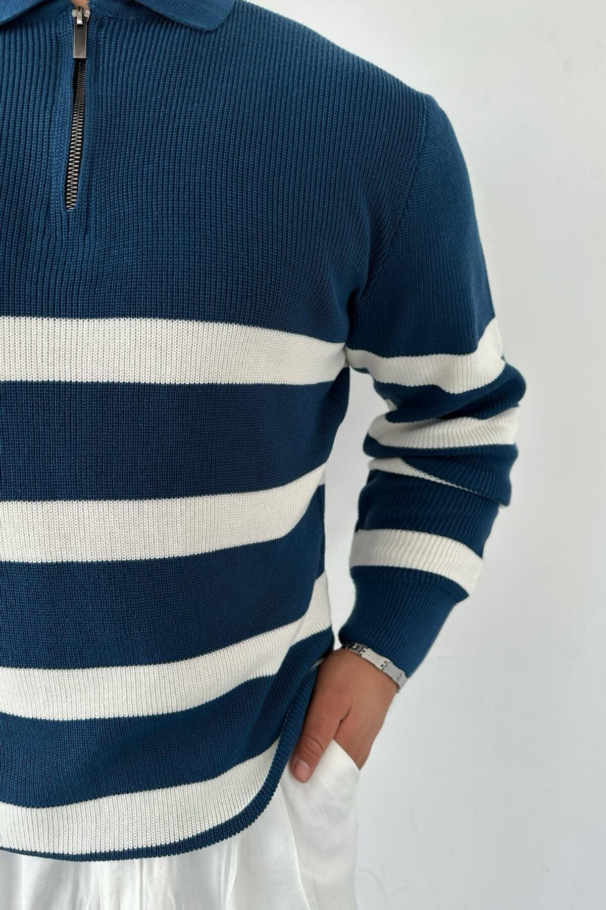 Striped Knitwear, Zip-Up Indigo