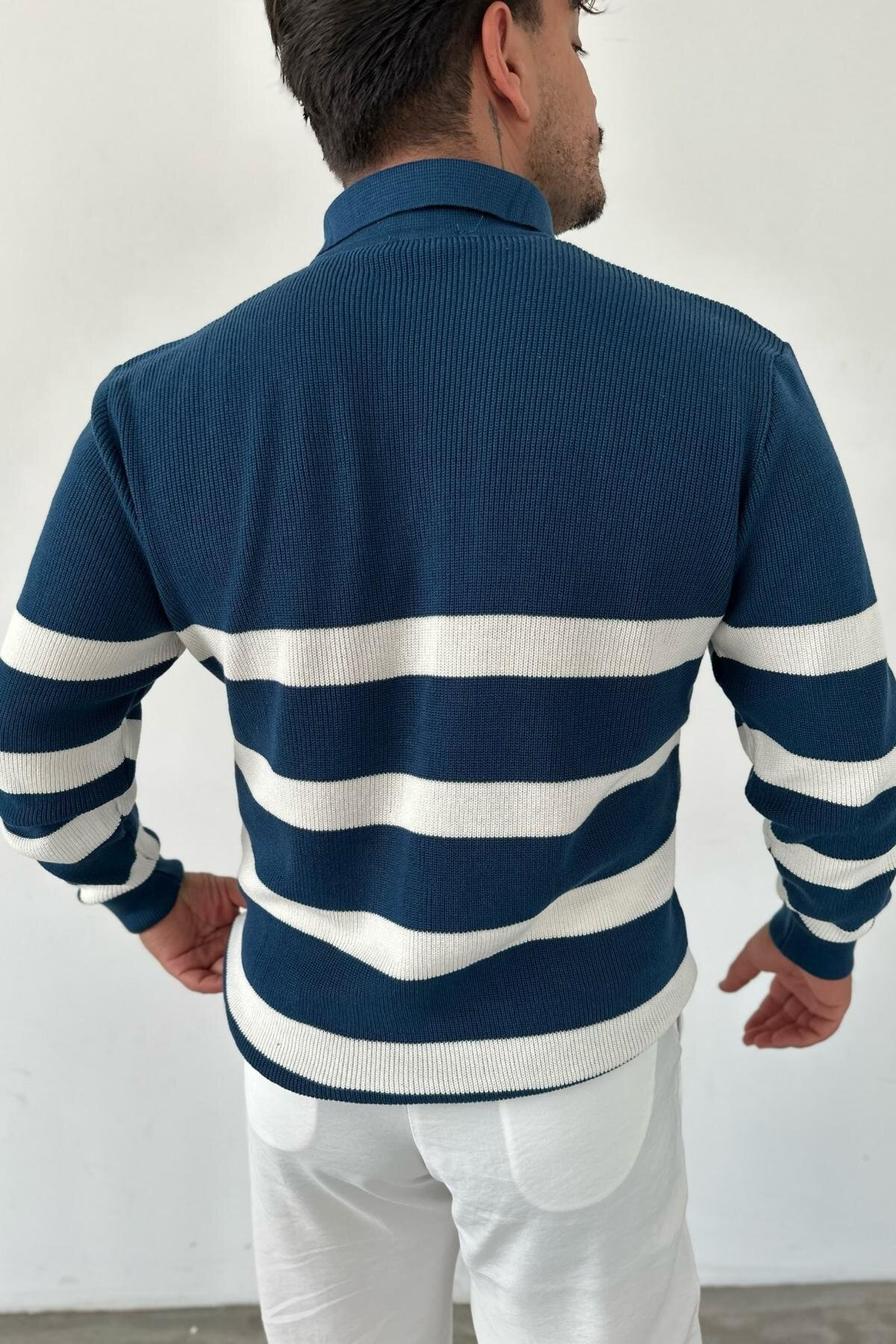 Striped Knitwear, Zip-Up Indigo