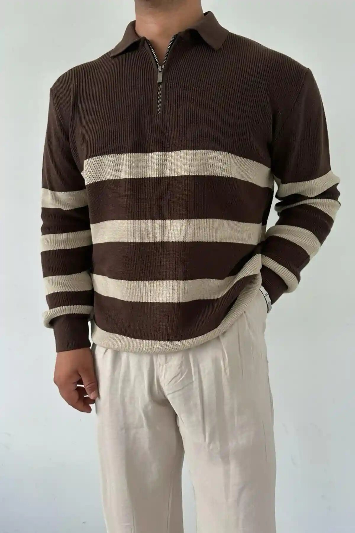 Striped Knitwear, Zip-Up Brown