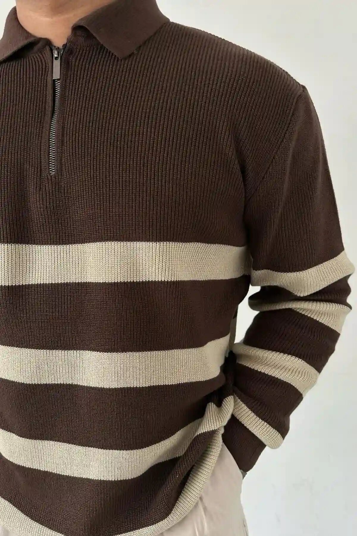 Striped Knitwear, Zip-Up Brown