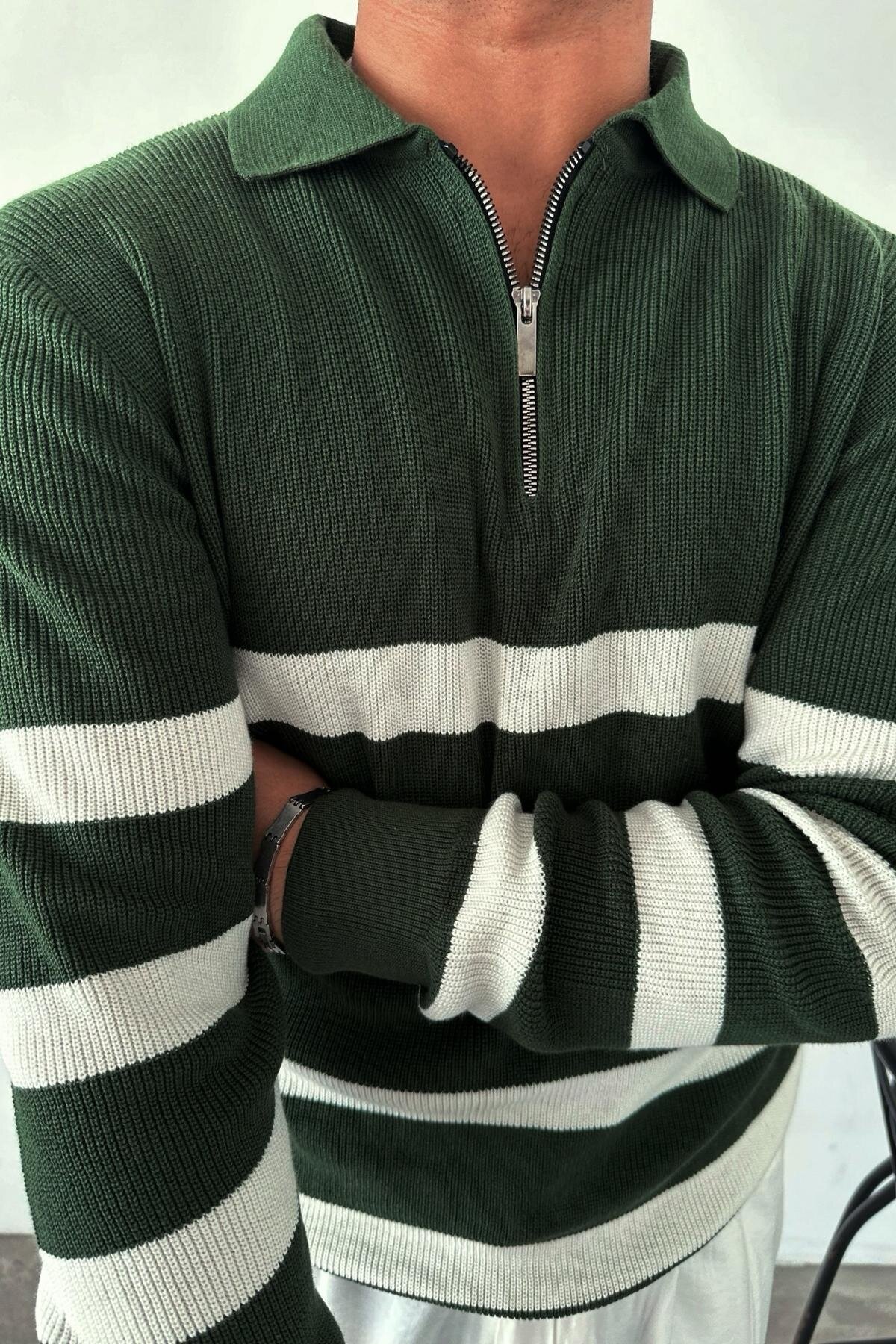 Striped Knitwear, Zip-Up Emerald Green