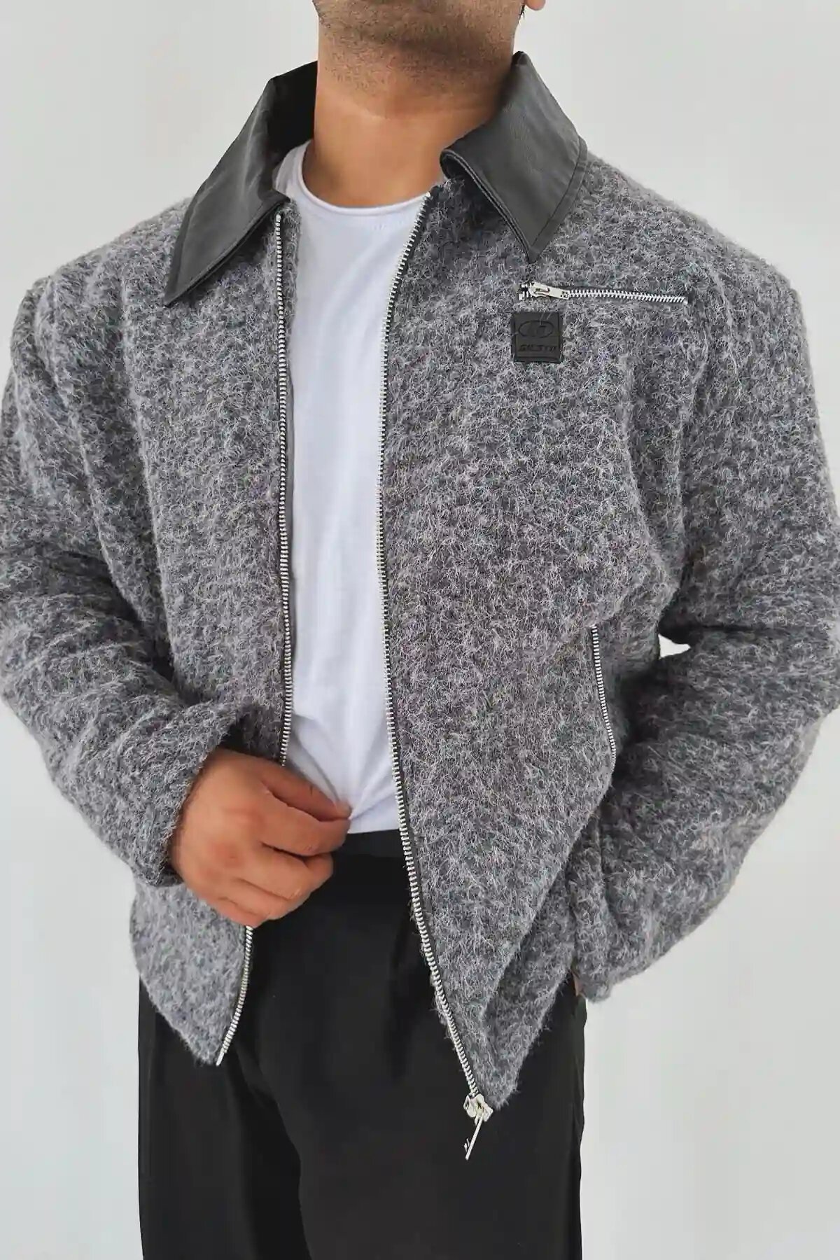 Felt Coat with Leather Collar Gray