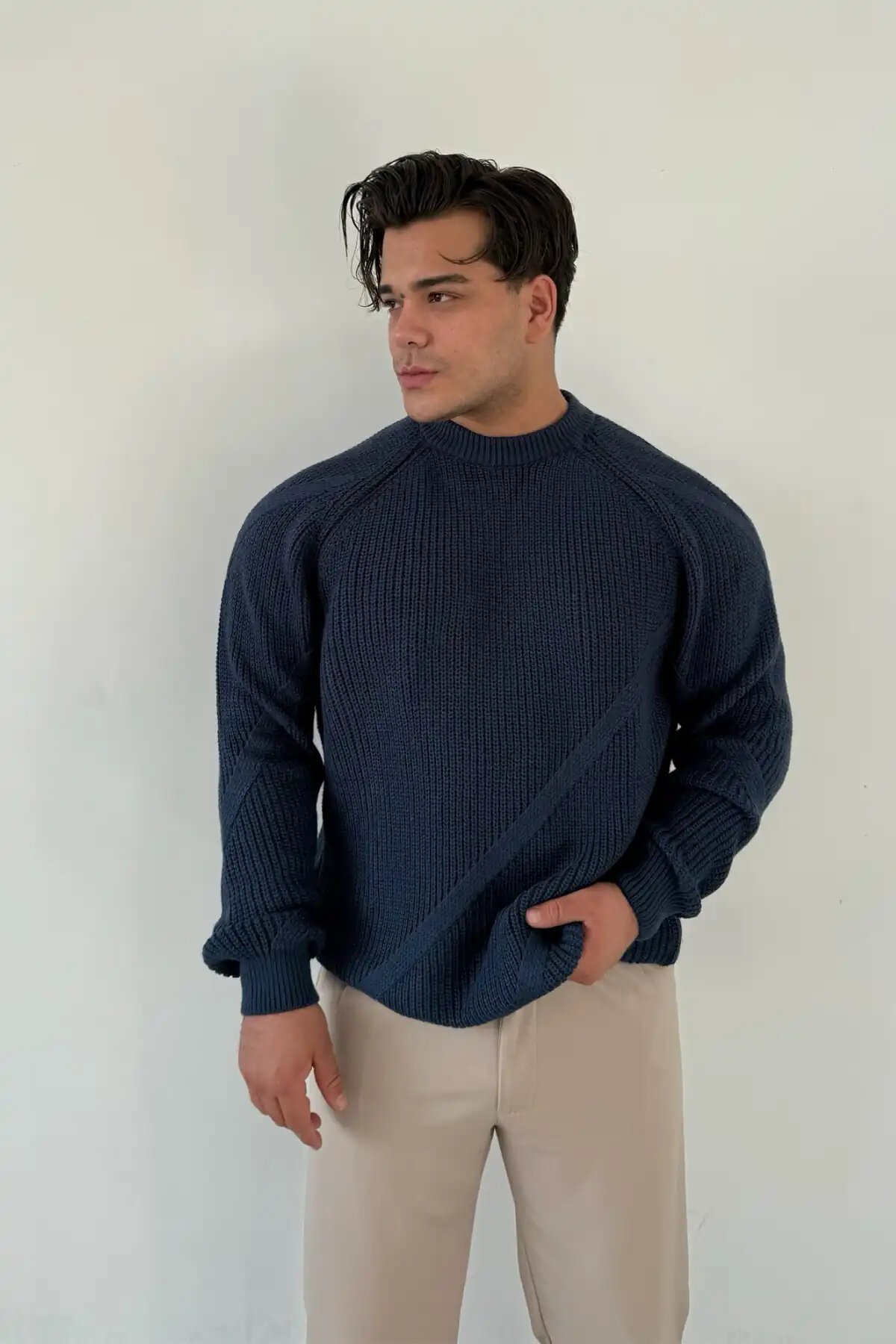 Patterned Crew Neck Sweater Indigo