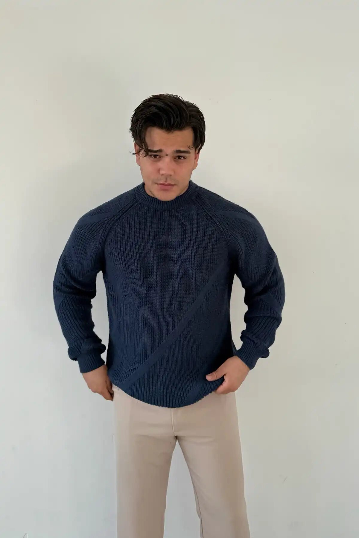 Patterned Crew Neck Sweater Indigo