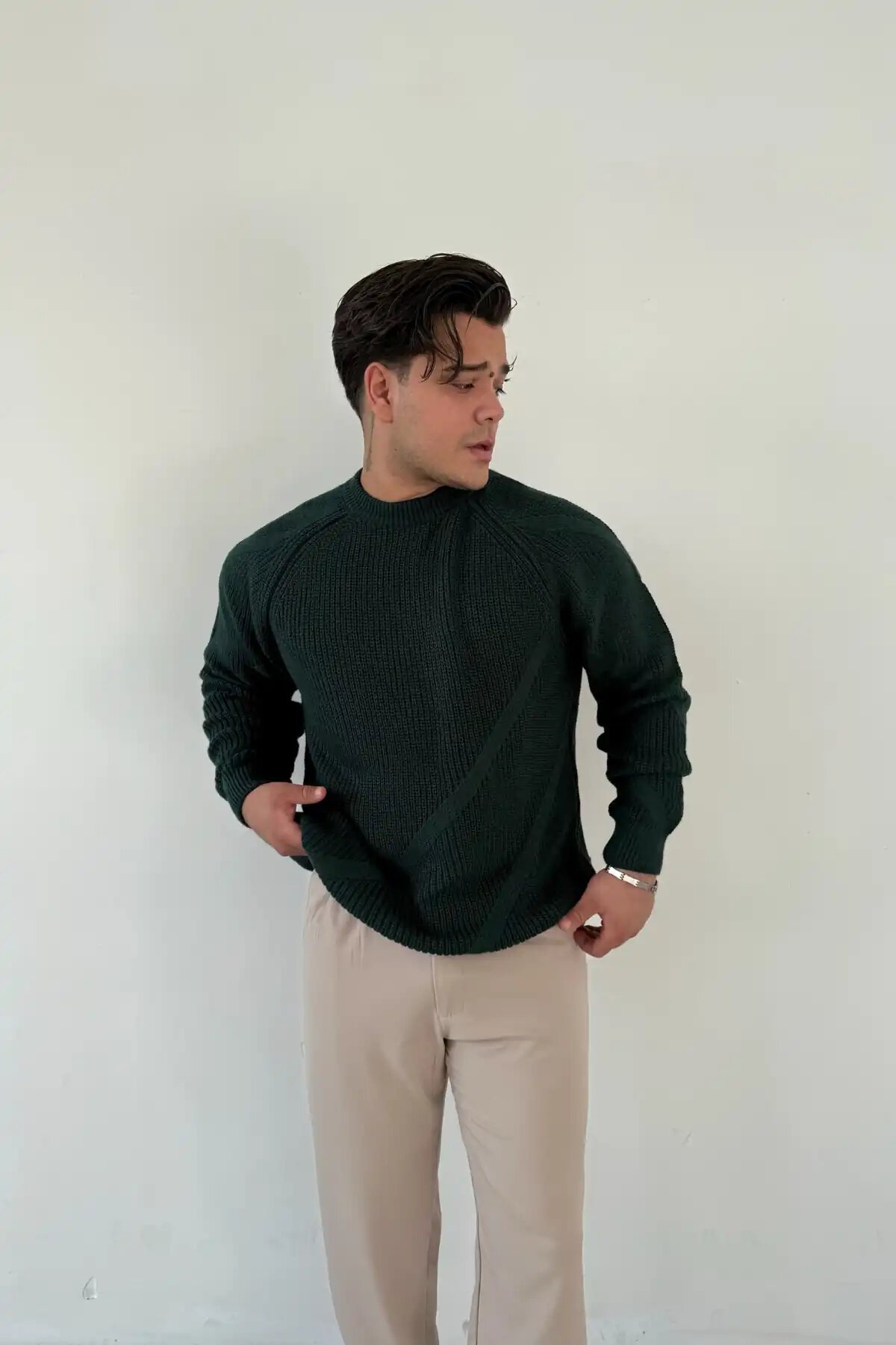 Patterned Crew Neck Sweater Emerald Green