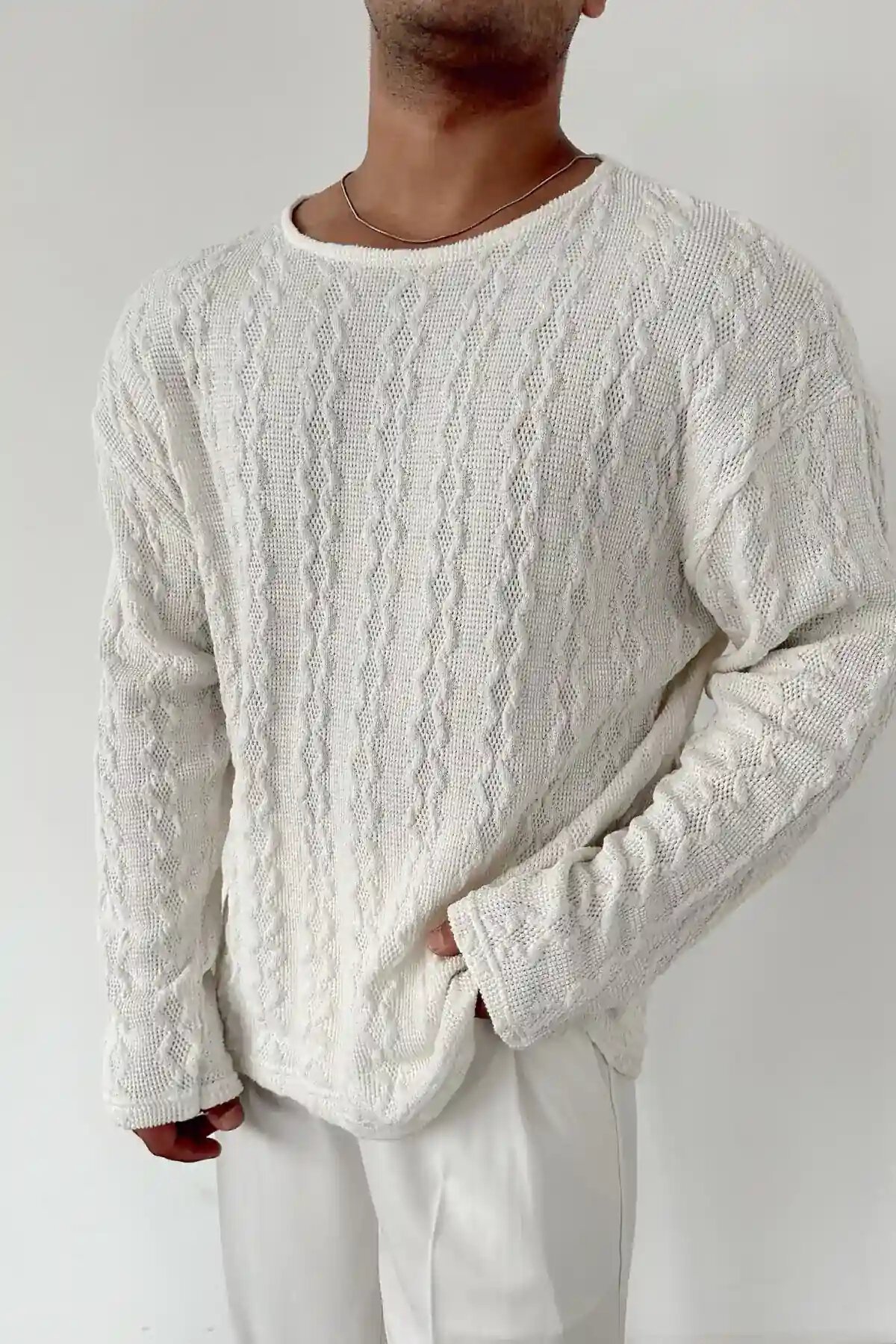 Patterned Knit Sweatshirt White