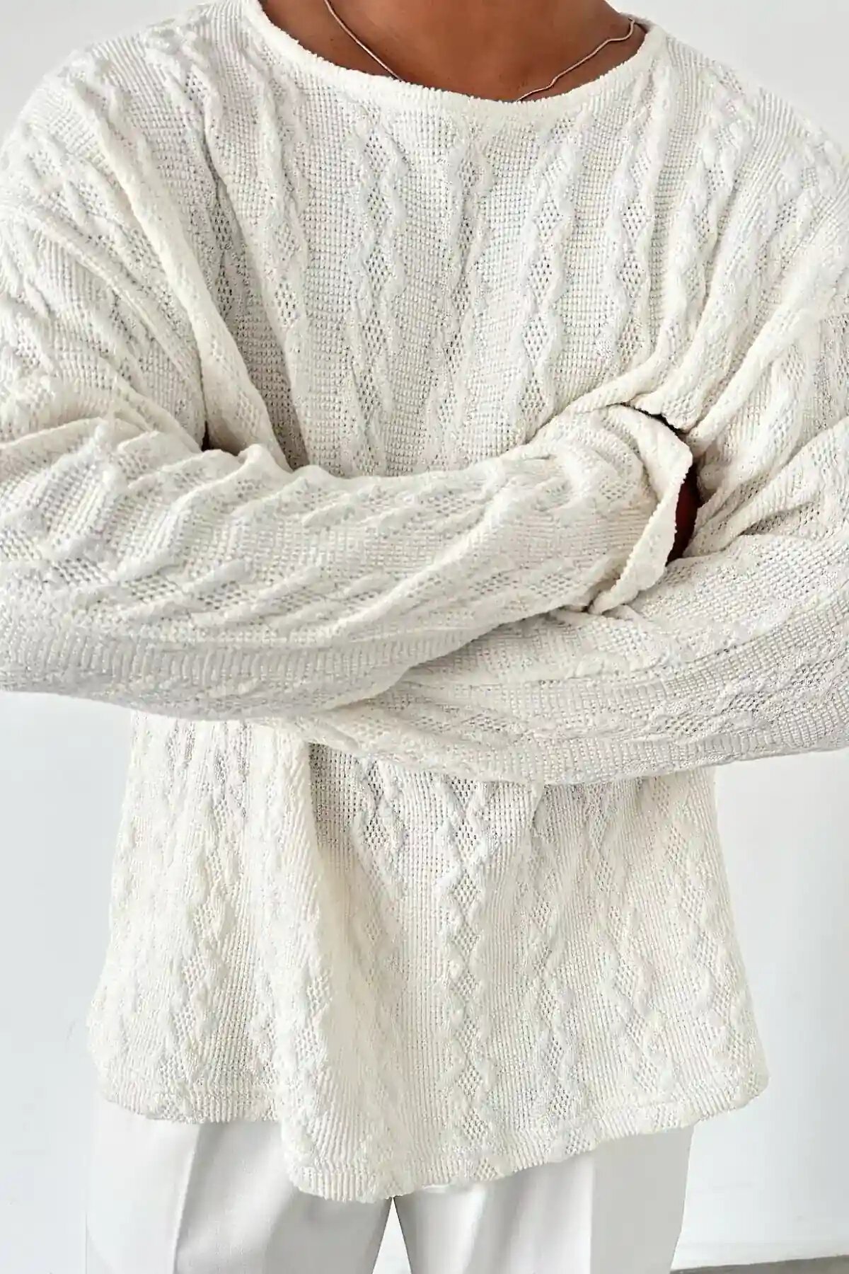 Patterned Knit Sweatshirt White