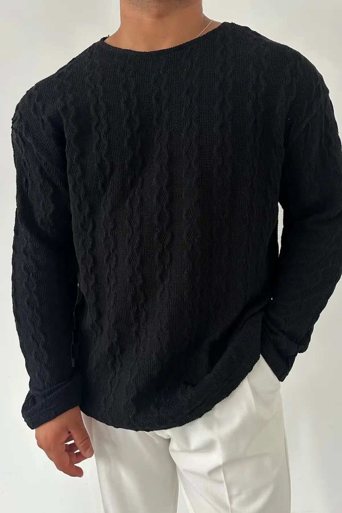 Patterned Knit Sweatshirt Black