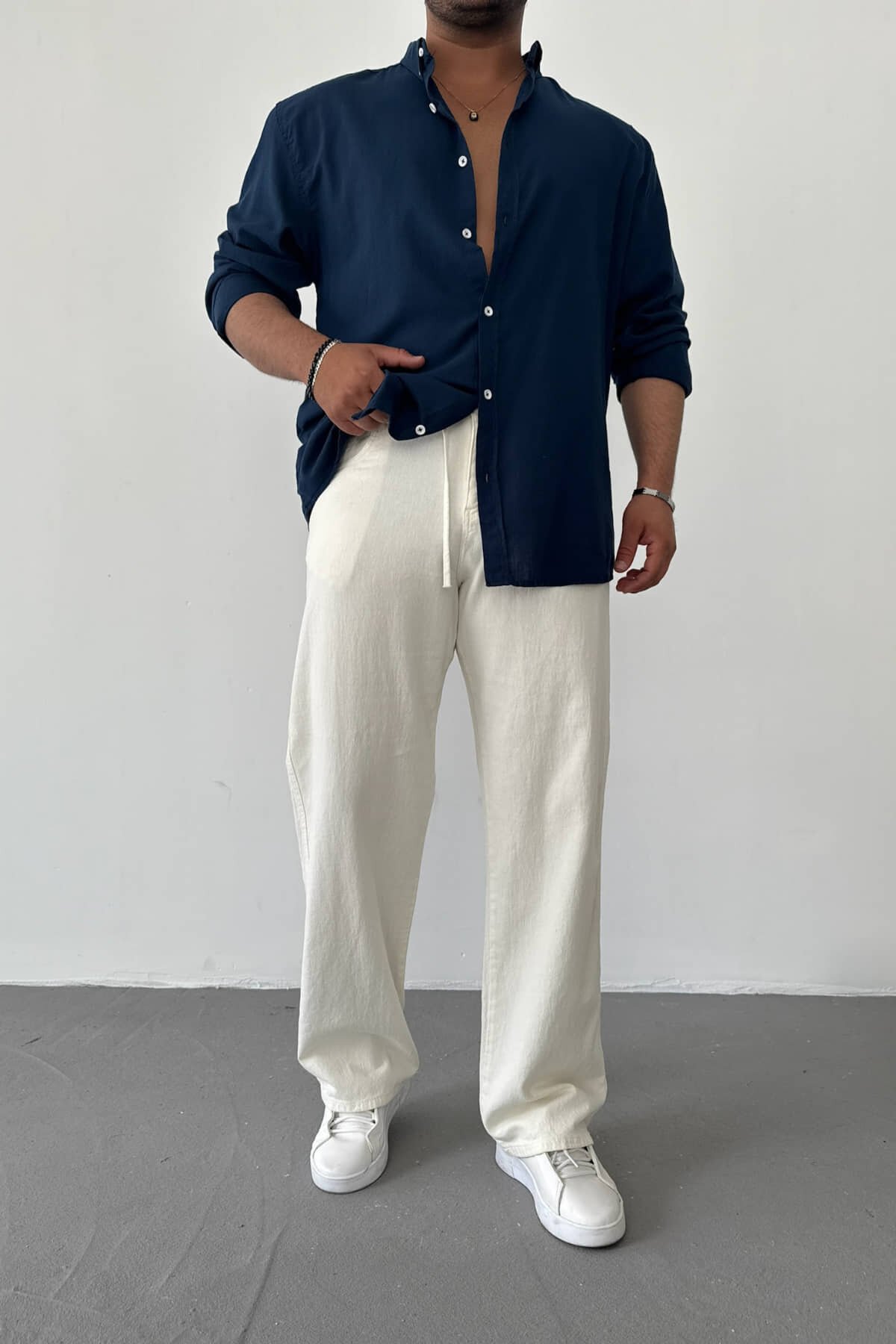 Ekru Gabardin İpli Baggy Pantolon