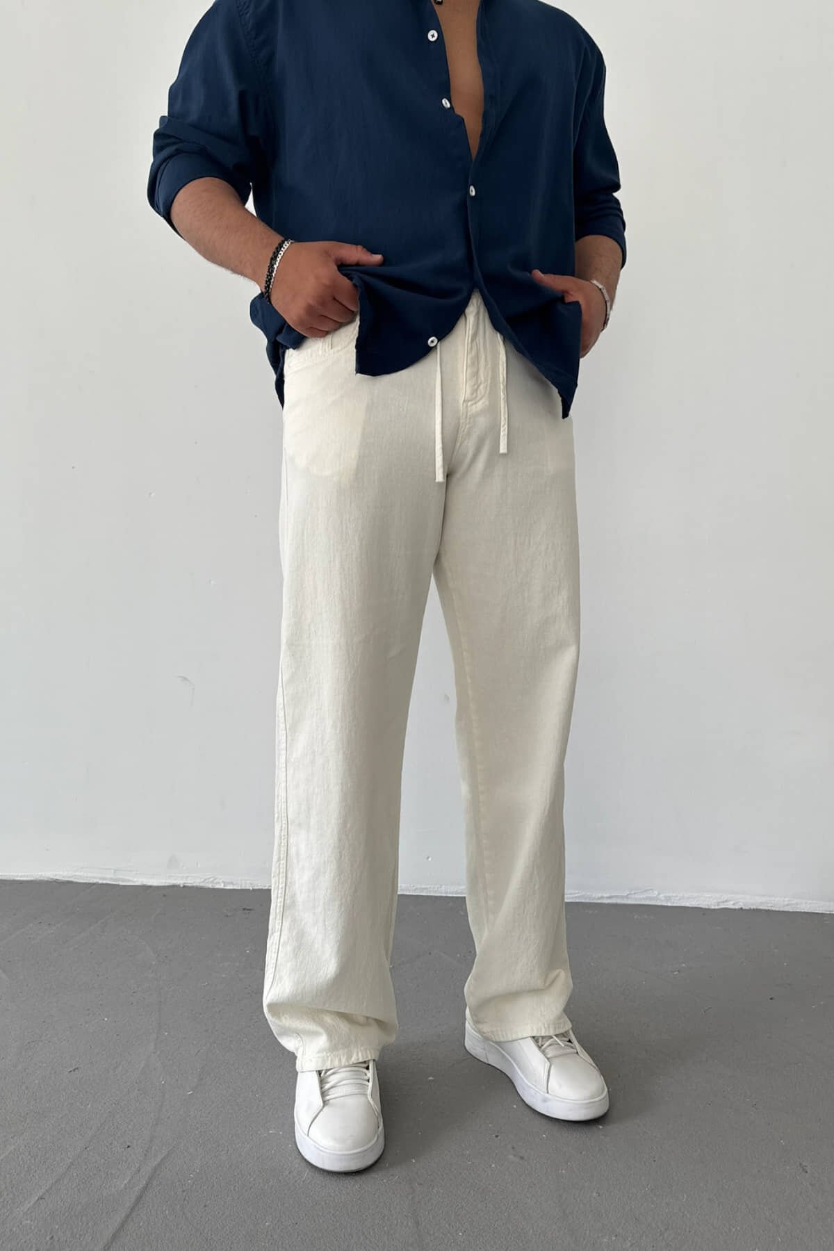 Ekru Gabardin İpli Baggy Pantolon
