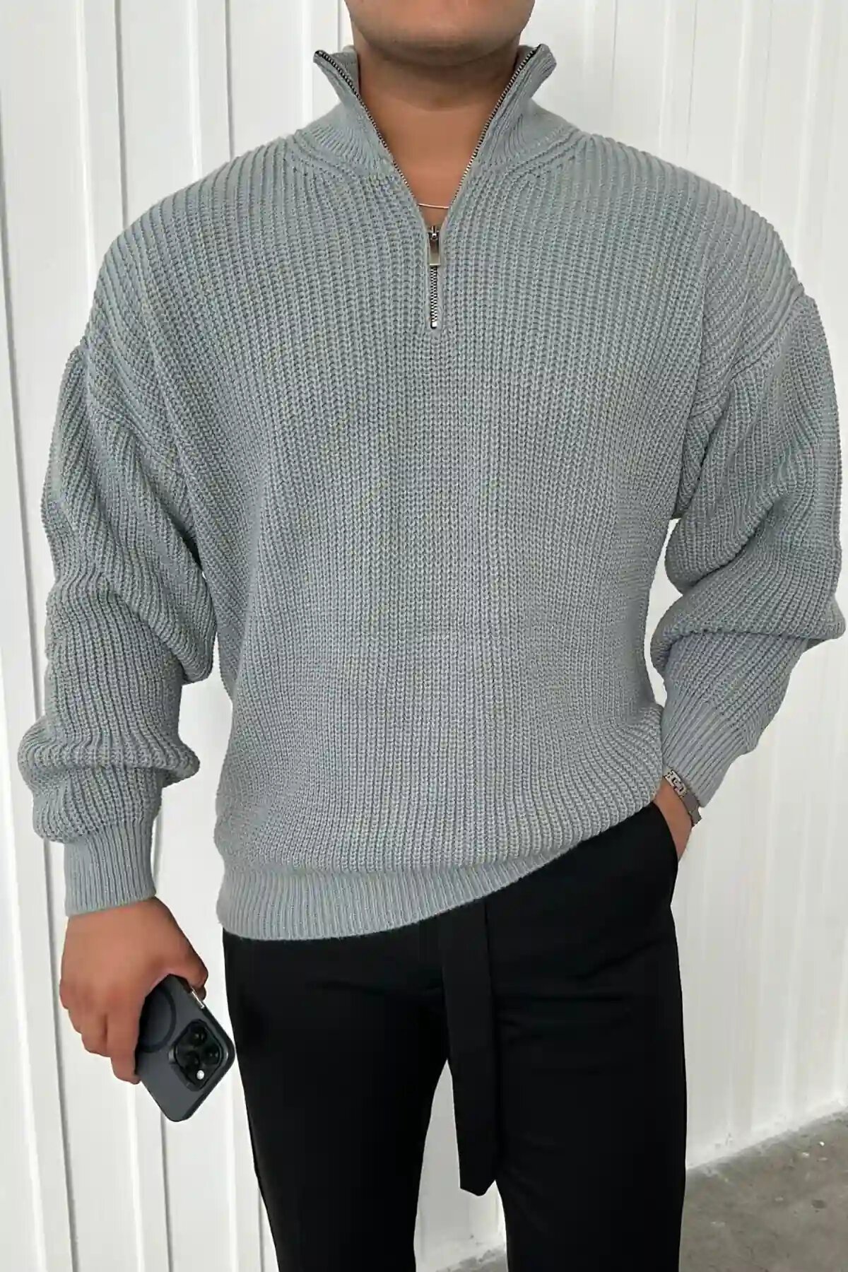 Zip-Up Knit Sweater Gray