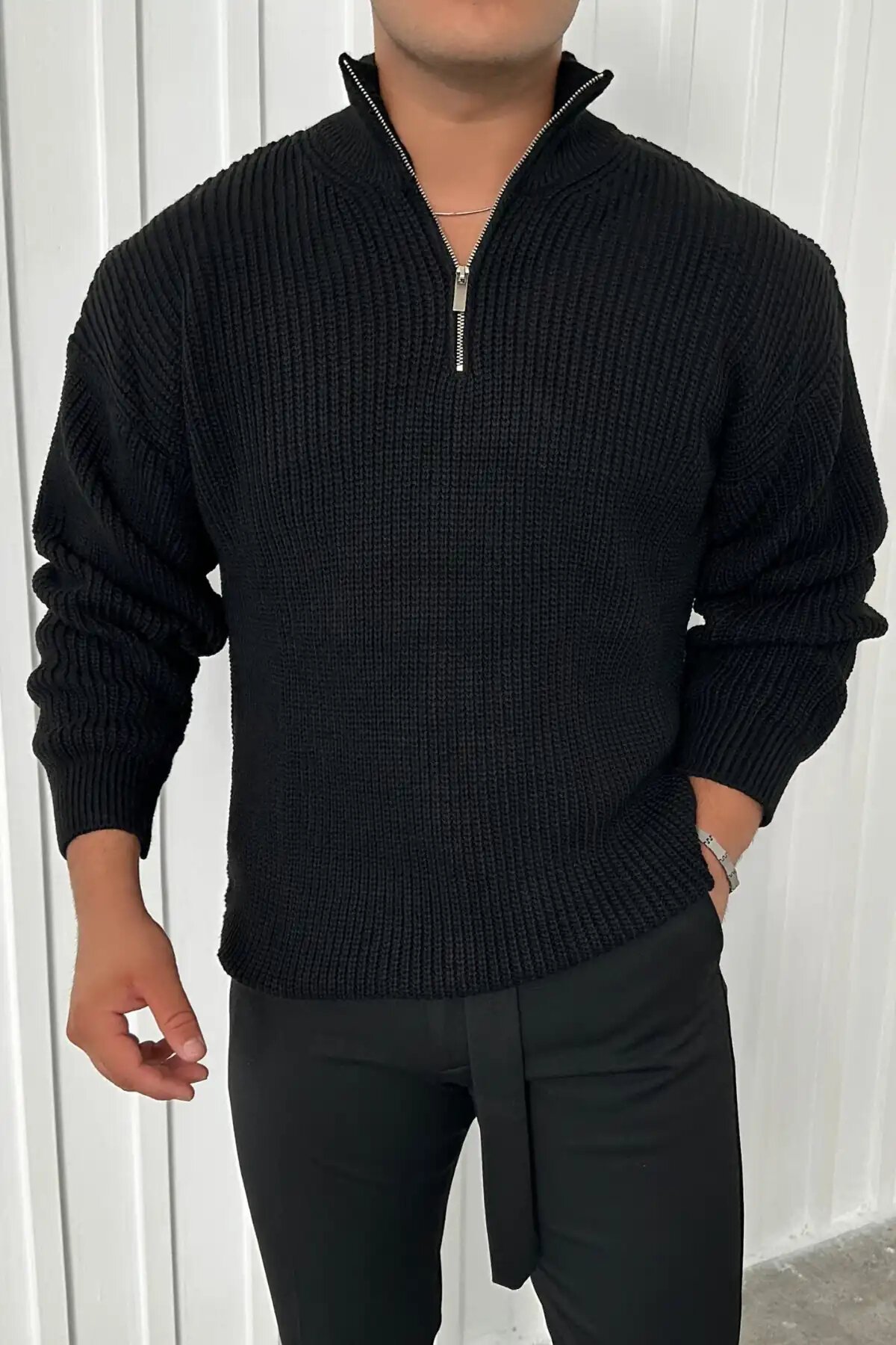 Zip-Up Knit Sweater Black