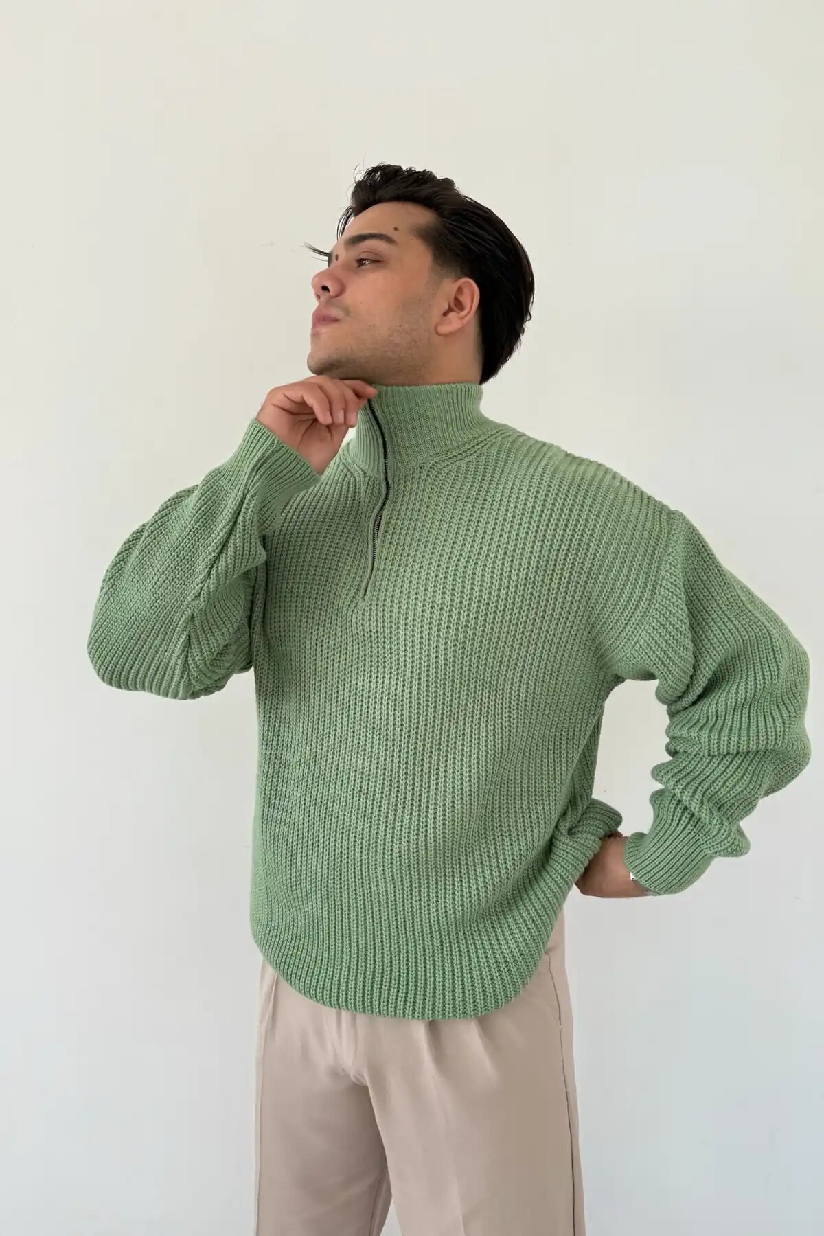 Zip-Up Knit Sweater Green