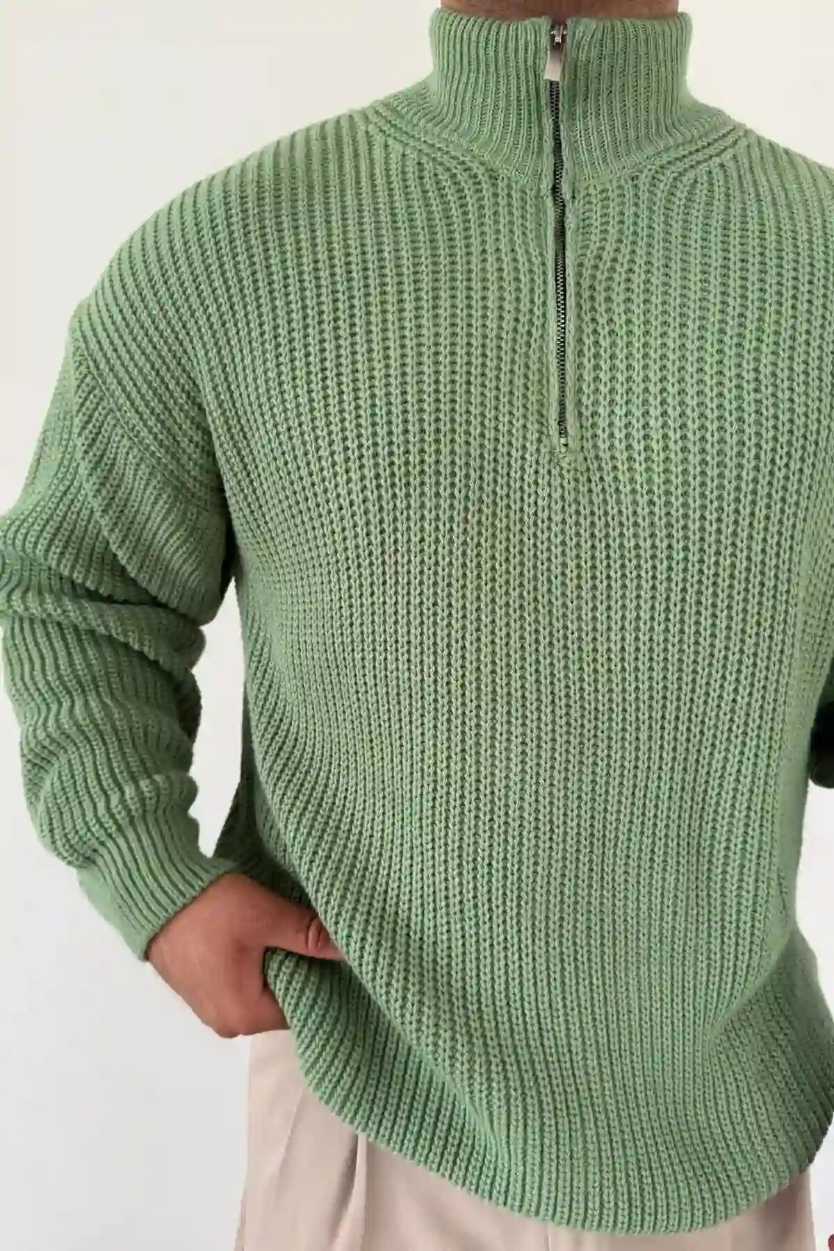 Zip-Up Knit Sweater Green