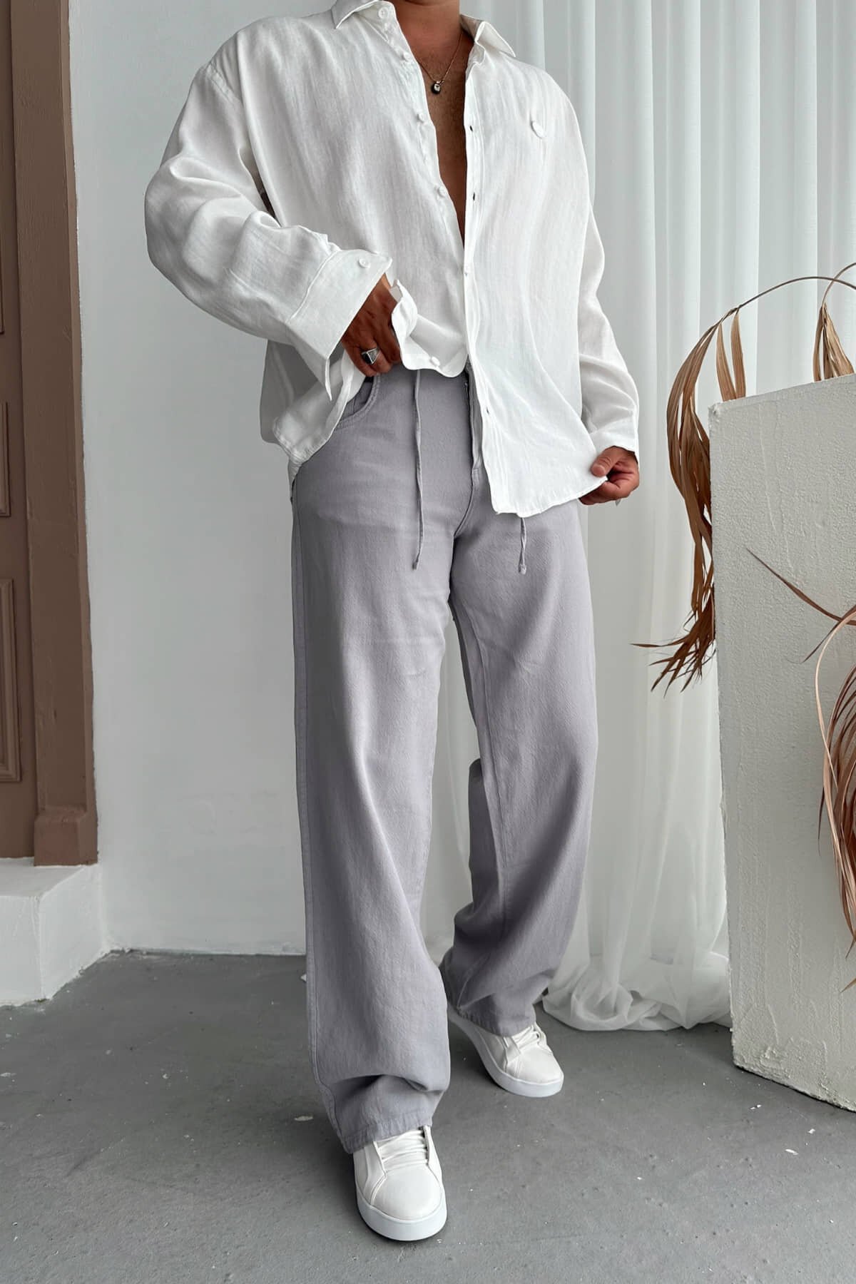 Füme Gabardin İpli Baggy Pantolon