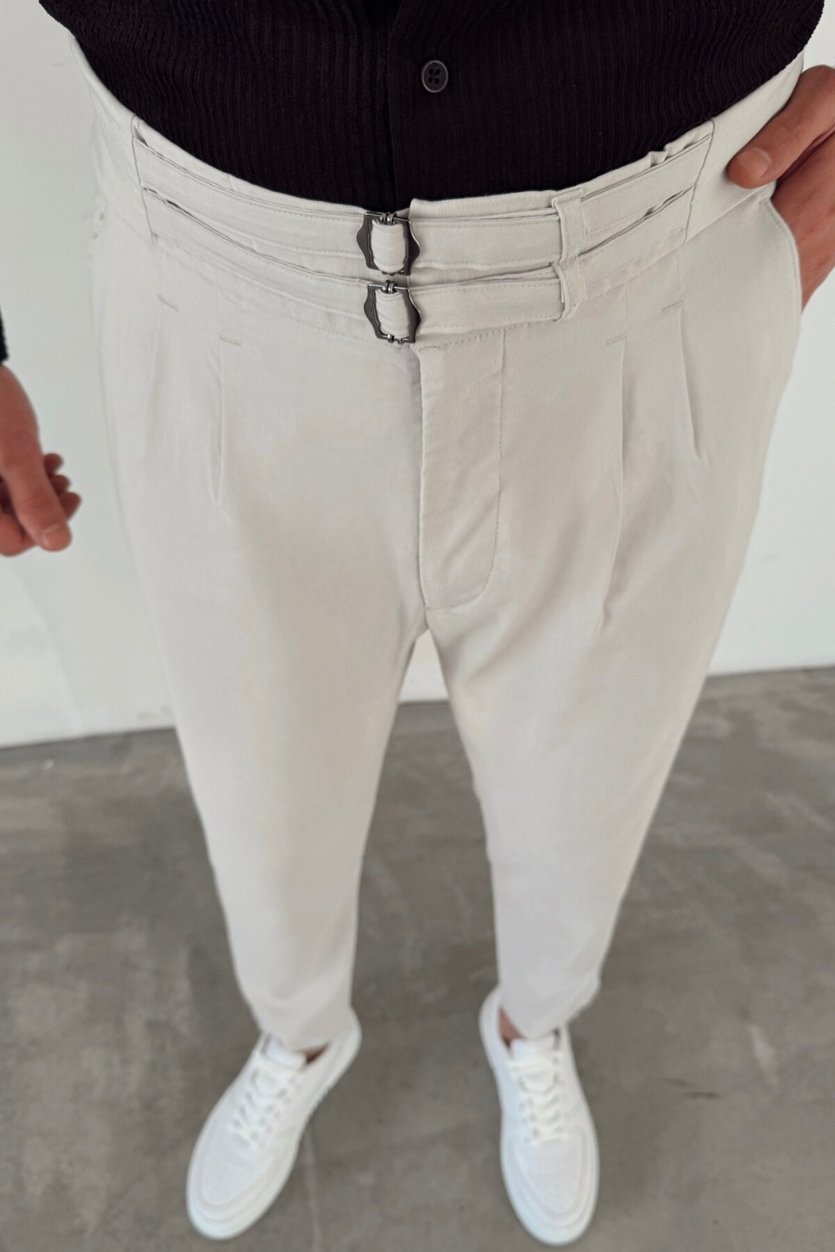 Gray Double-Belt Gabardine Pants