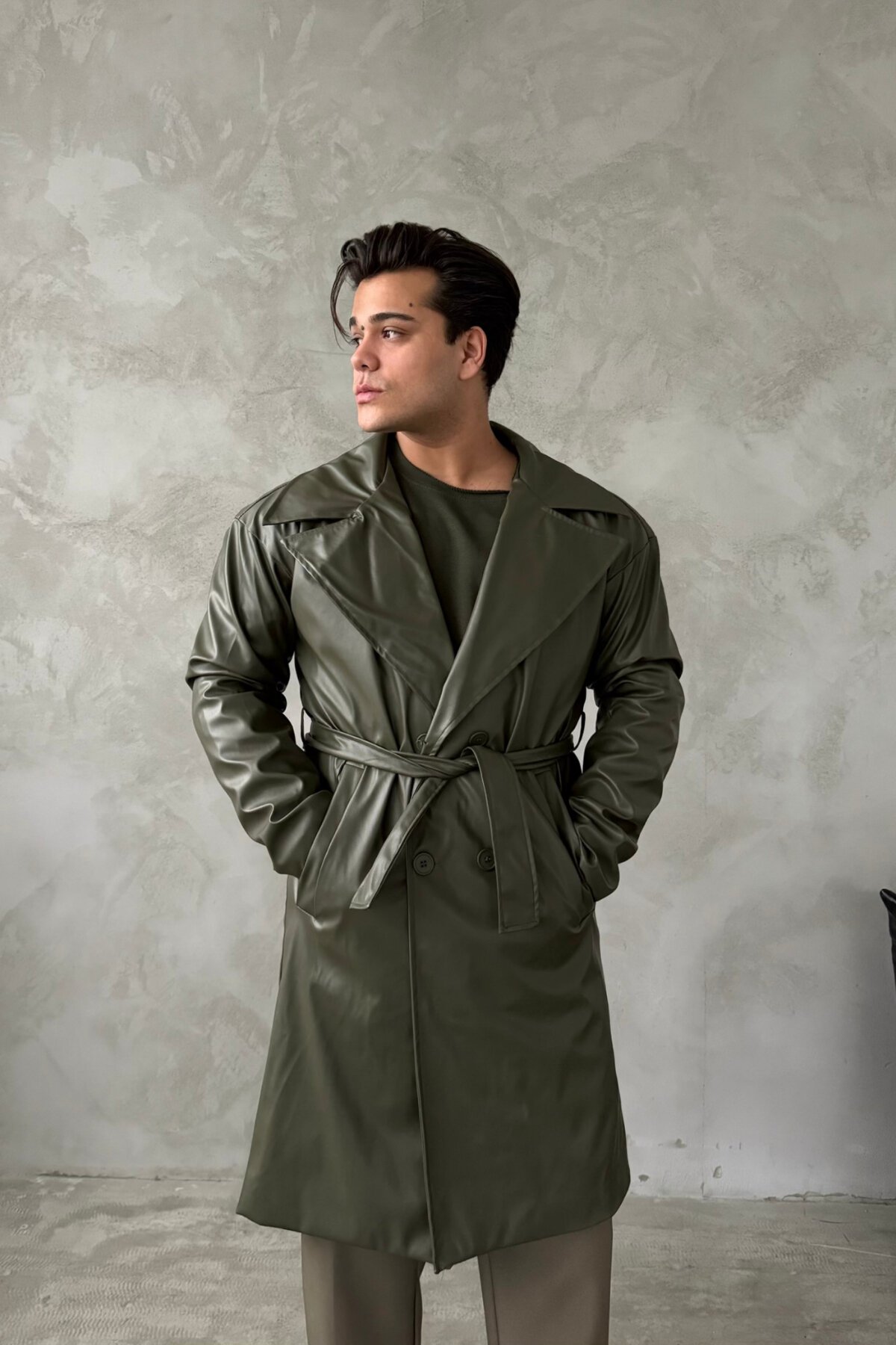 Khaki Leather Trench Coa