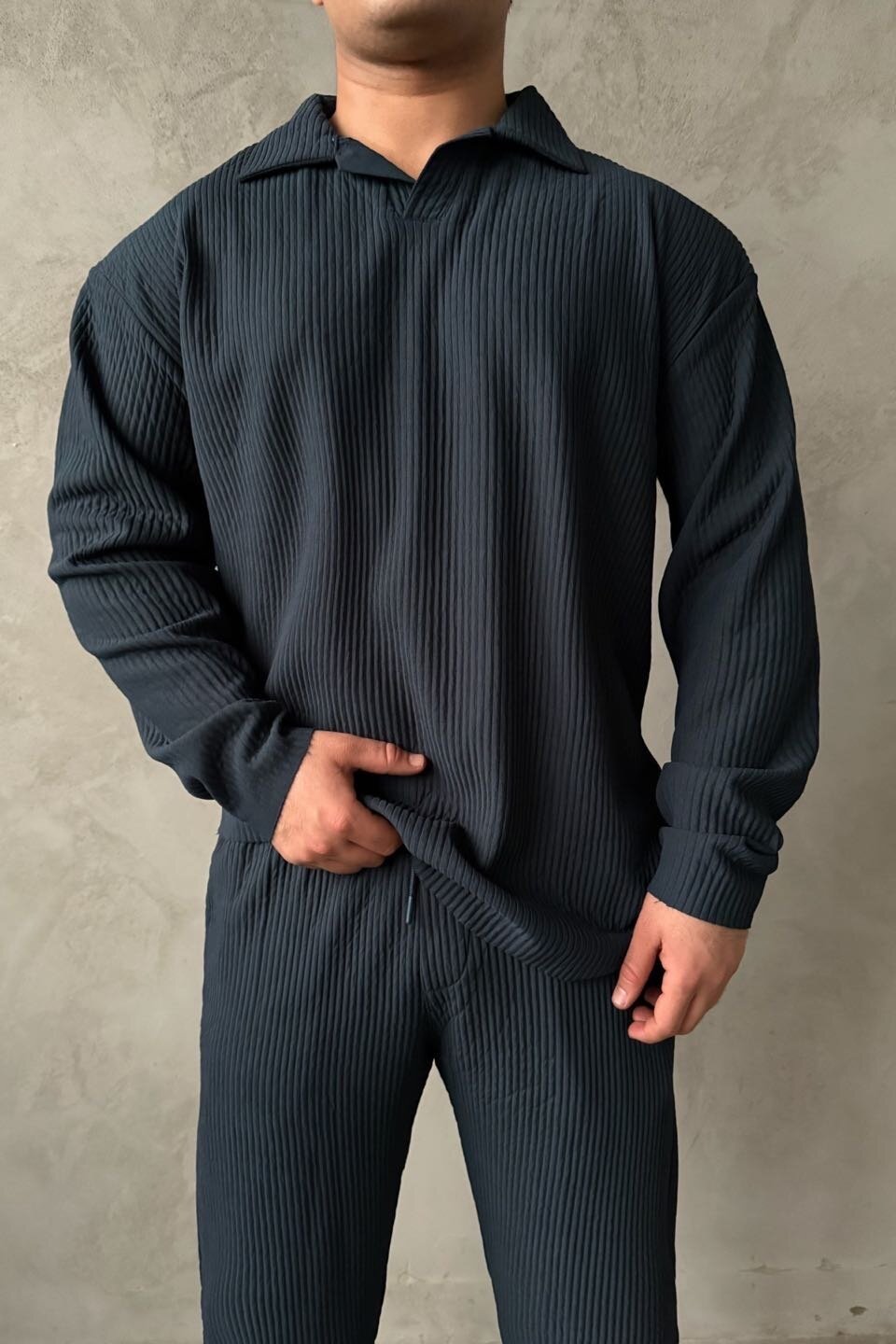 Indigo Ottoman Fabric Ribbed Polo Collar Knitwear