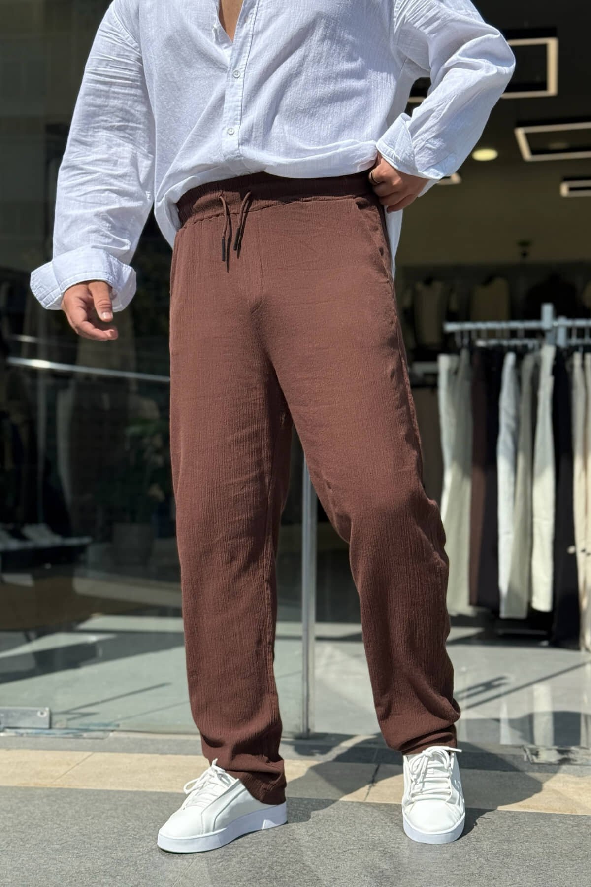 Kahve Kırınkıl Boru Paça Pantolon