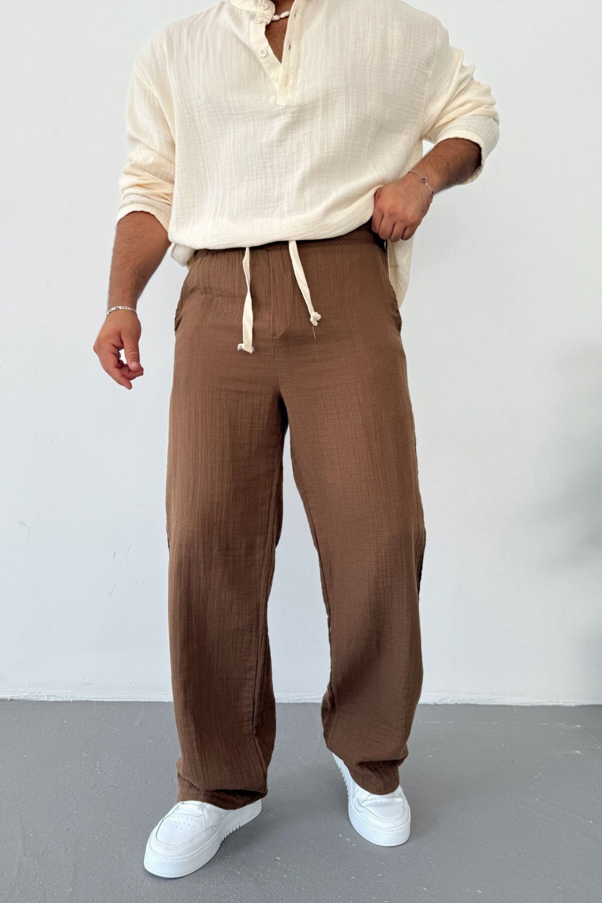 Kahve Müslin Kumaş Baggy Pantolon