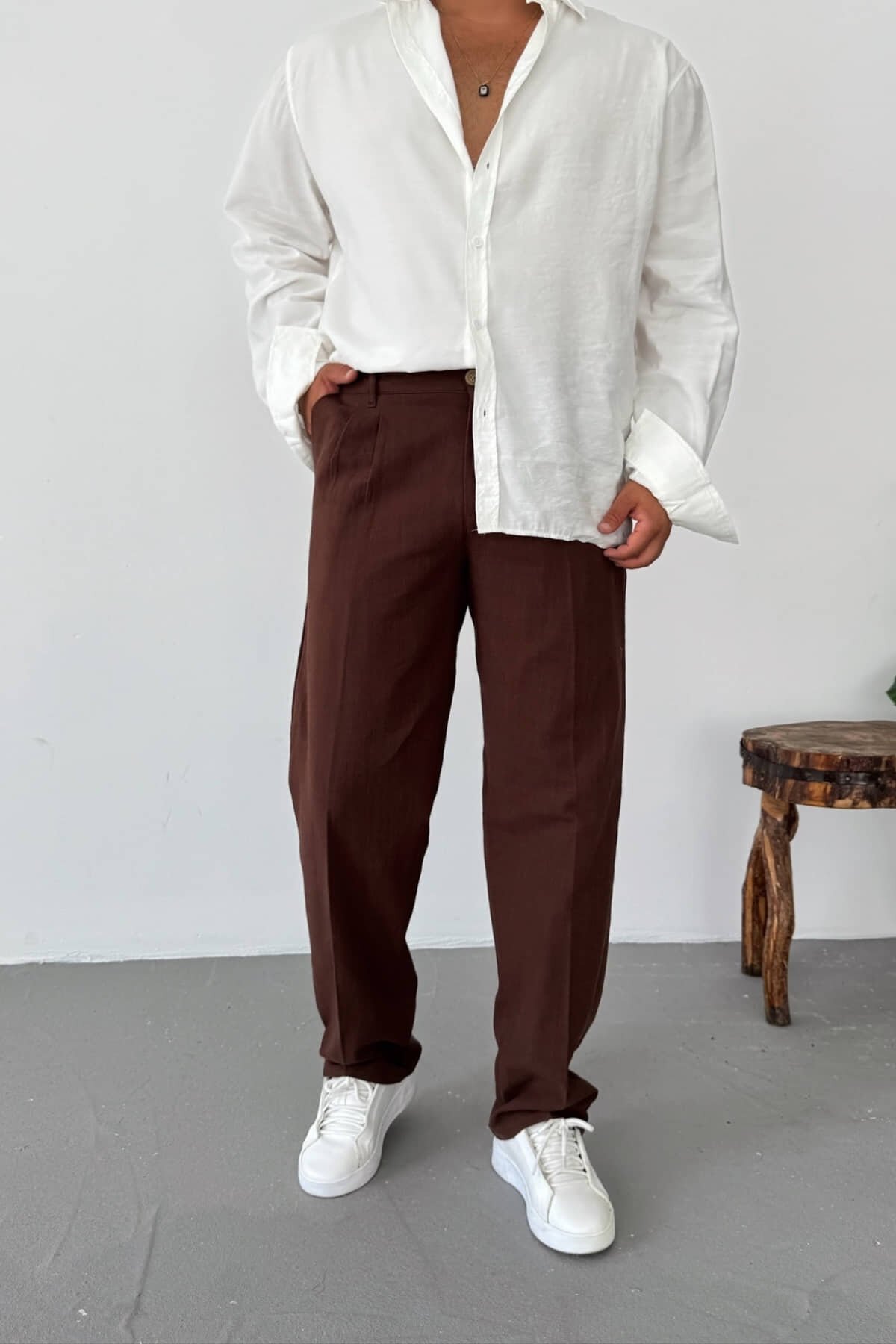 Kahve Pileli Keten Baggy Pantolon