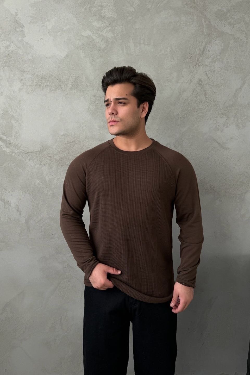 Kahve Waffle Kumaş Reglan Kol Sweat