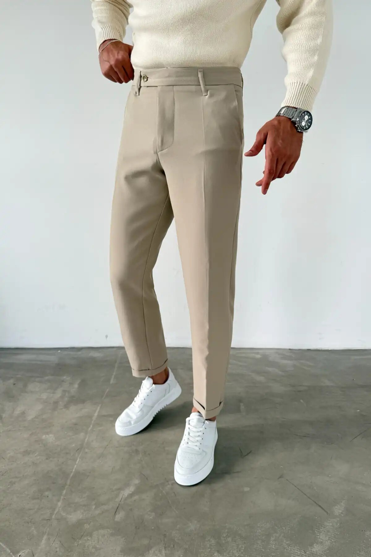 Short-Tongue Fabric Pants Beige