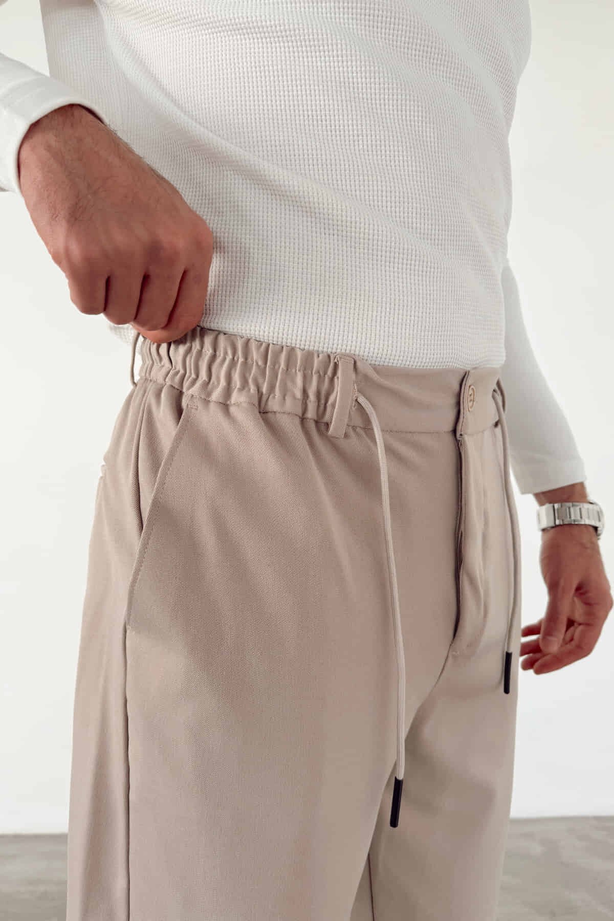 Krem Bel Lastikli Jogger Pantolon