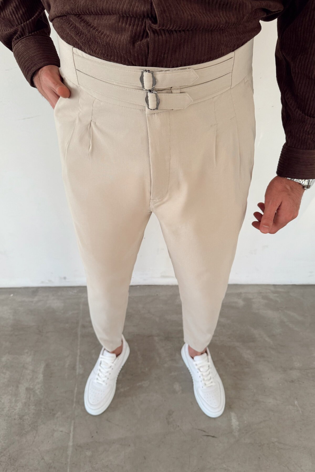 Cream Double-Belt Gabardine Pants