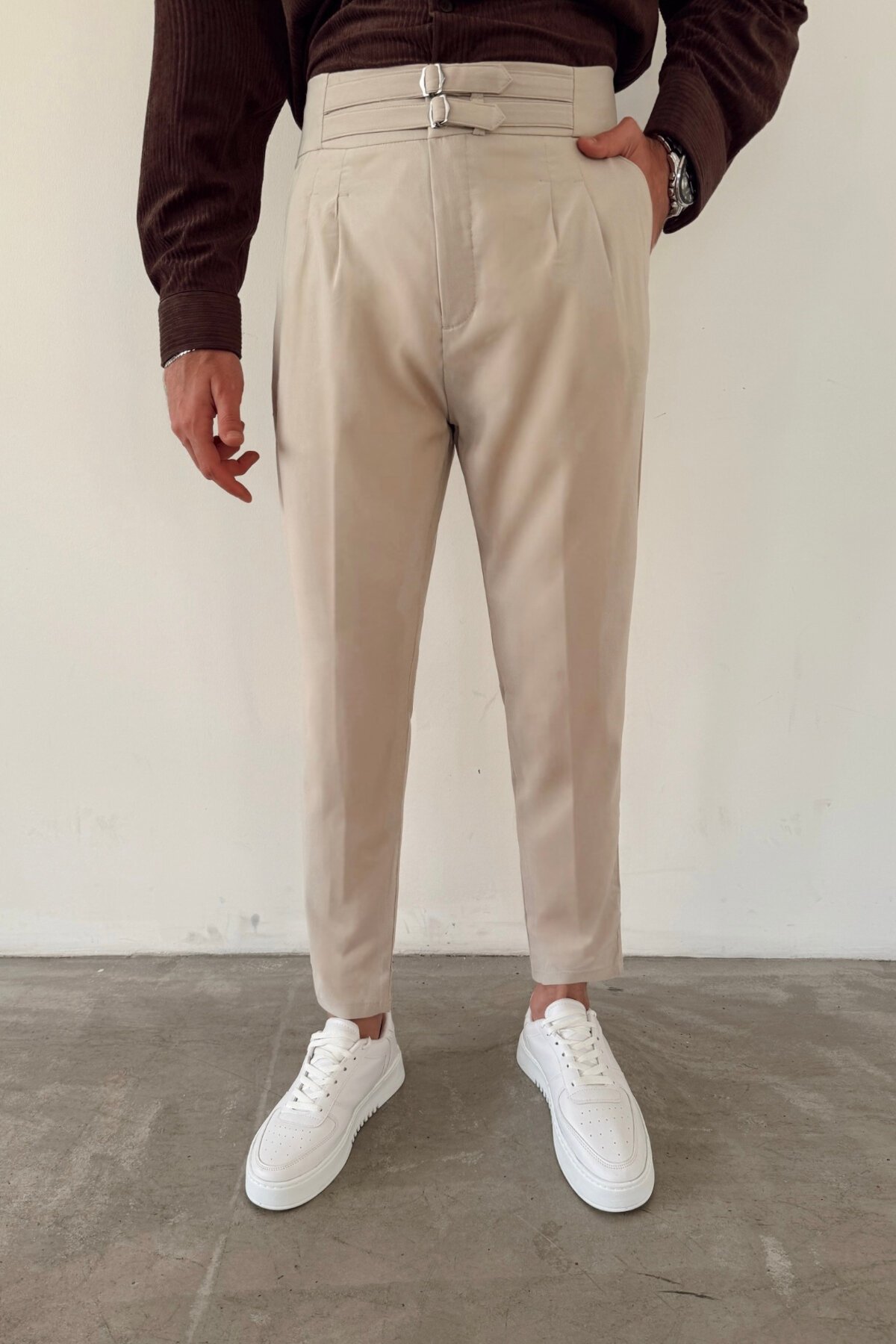 Cream Double-Belt Gabardine Pants