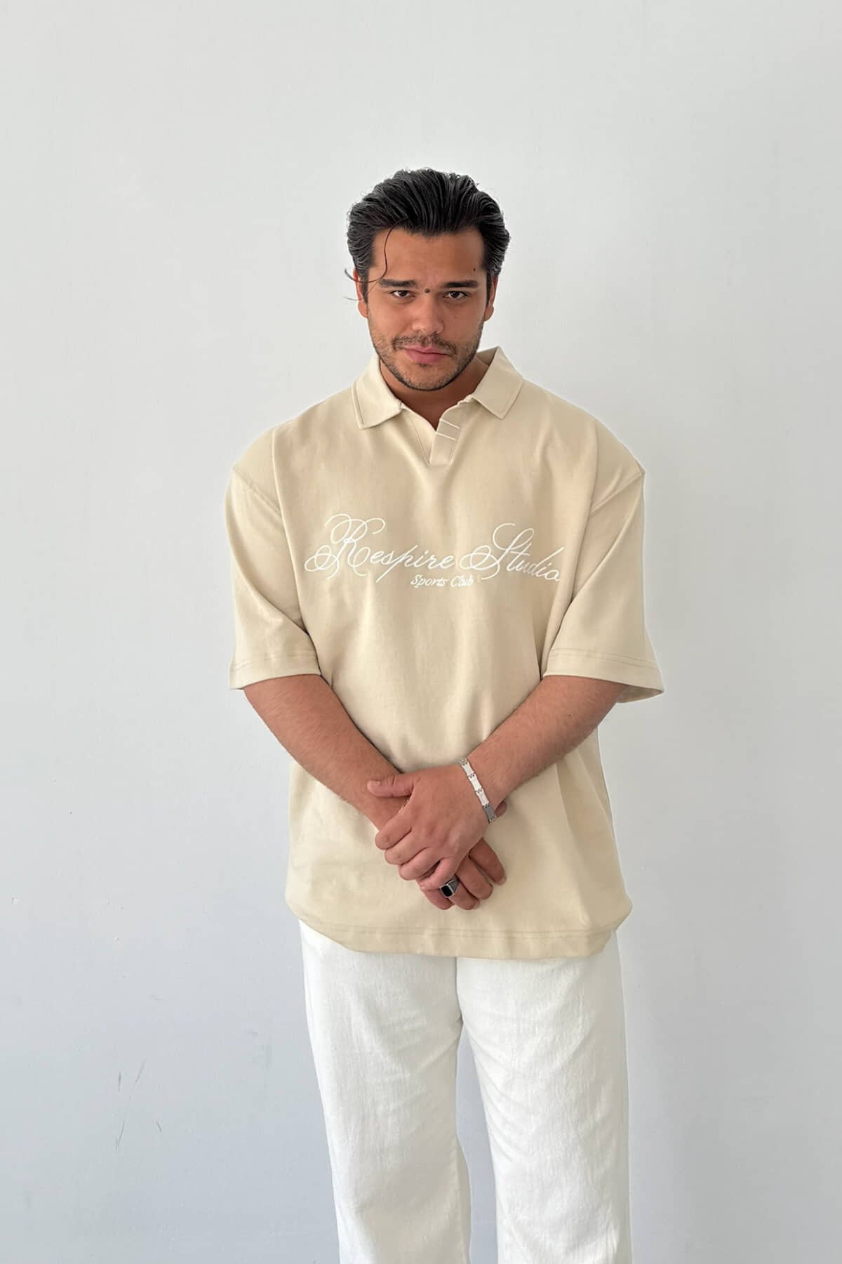 Krem Nakışlı Polo Yaka T-shirt