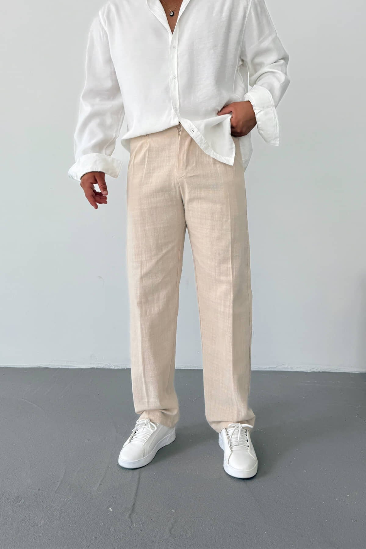 Krem Pileli Keten Baggy Pantolon