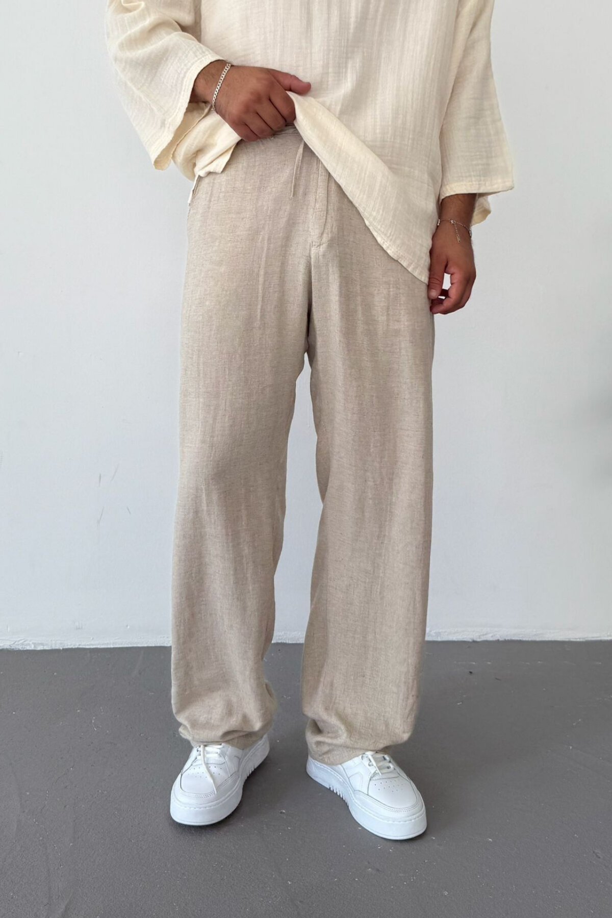 Krem Viscon Keten Baggy Pantolon