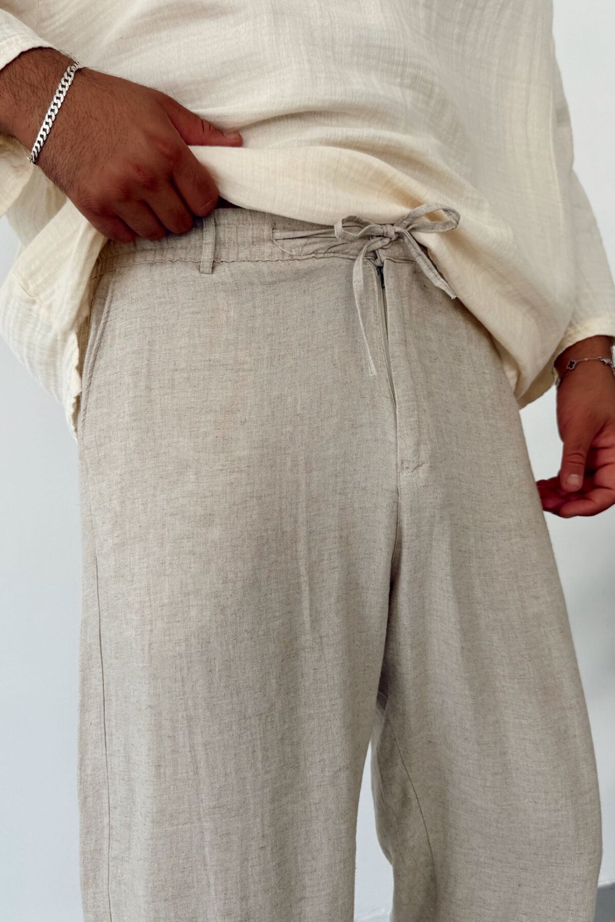 Krem Viscon Keten Baggy Pantolon