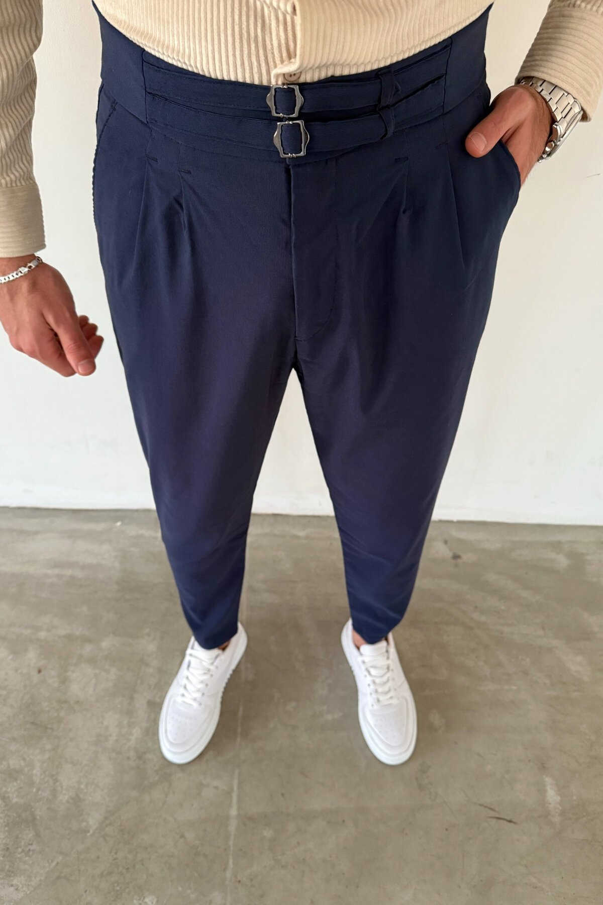 Dark Blue Double-Belt Gabardine Pants