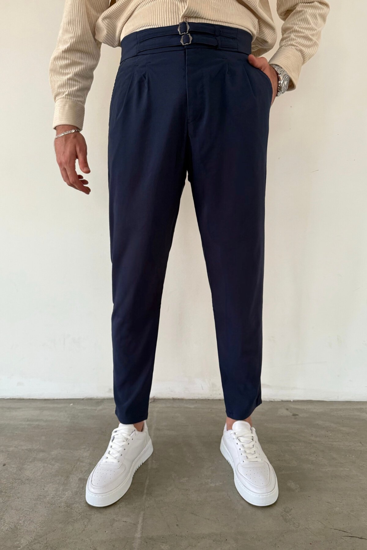 Dark Blue Double-Belt Gabardine Pants