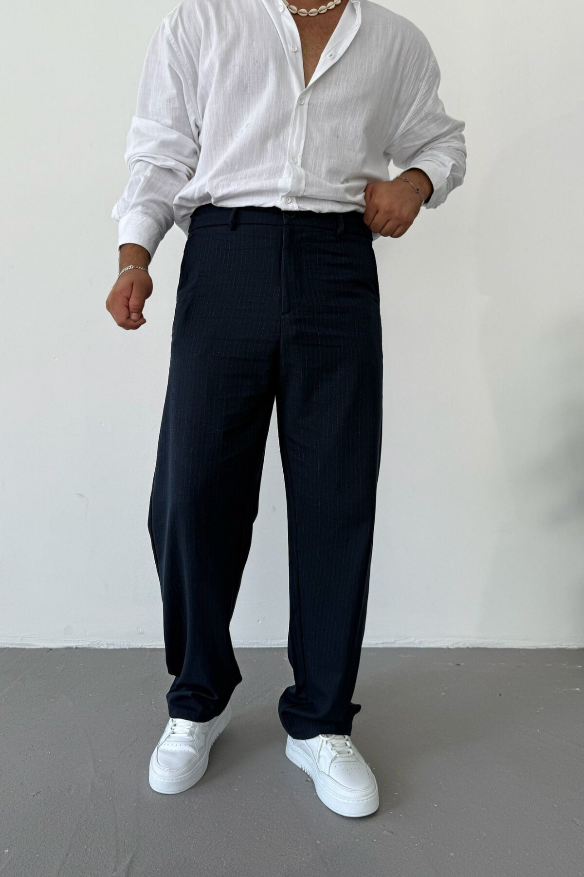 Lacivert Çizgili Baggy Kumaş Pantolon