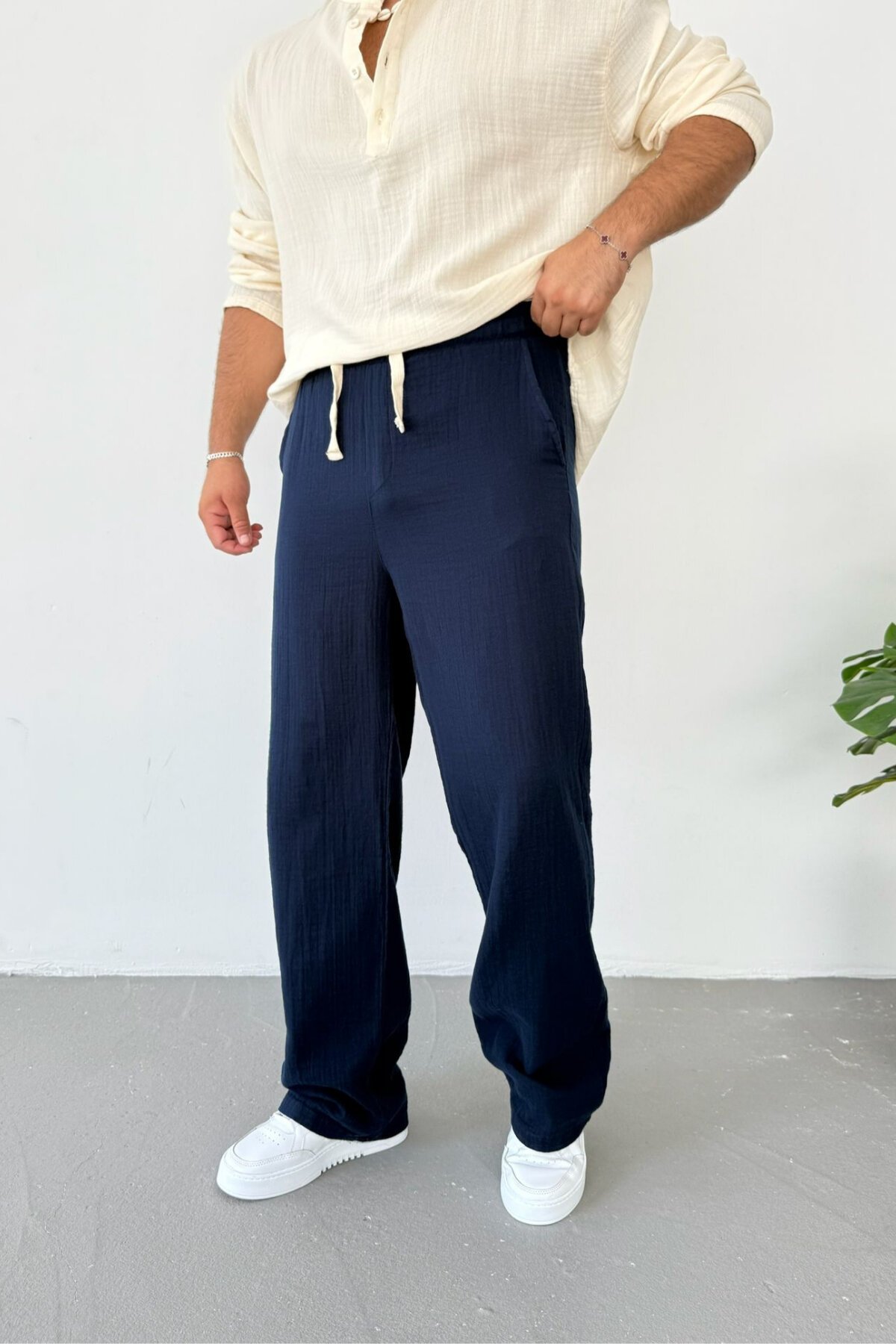 Lacivert Müslin Kumaş Baggy Pantolon