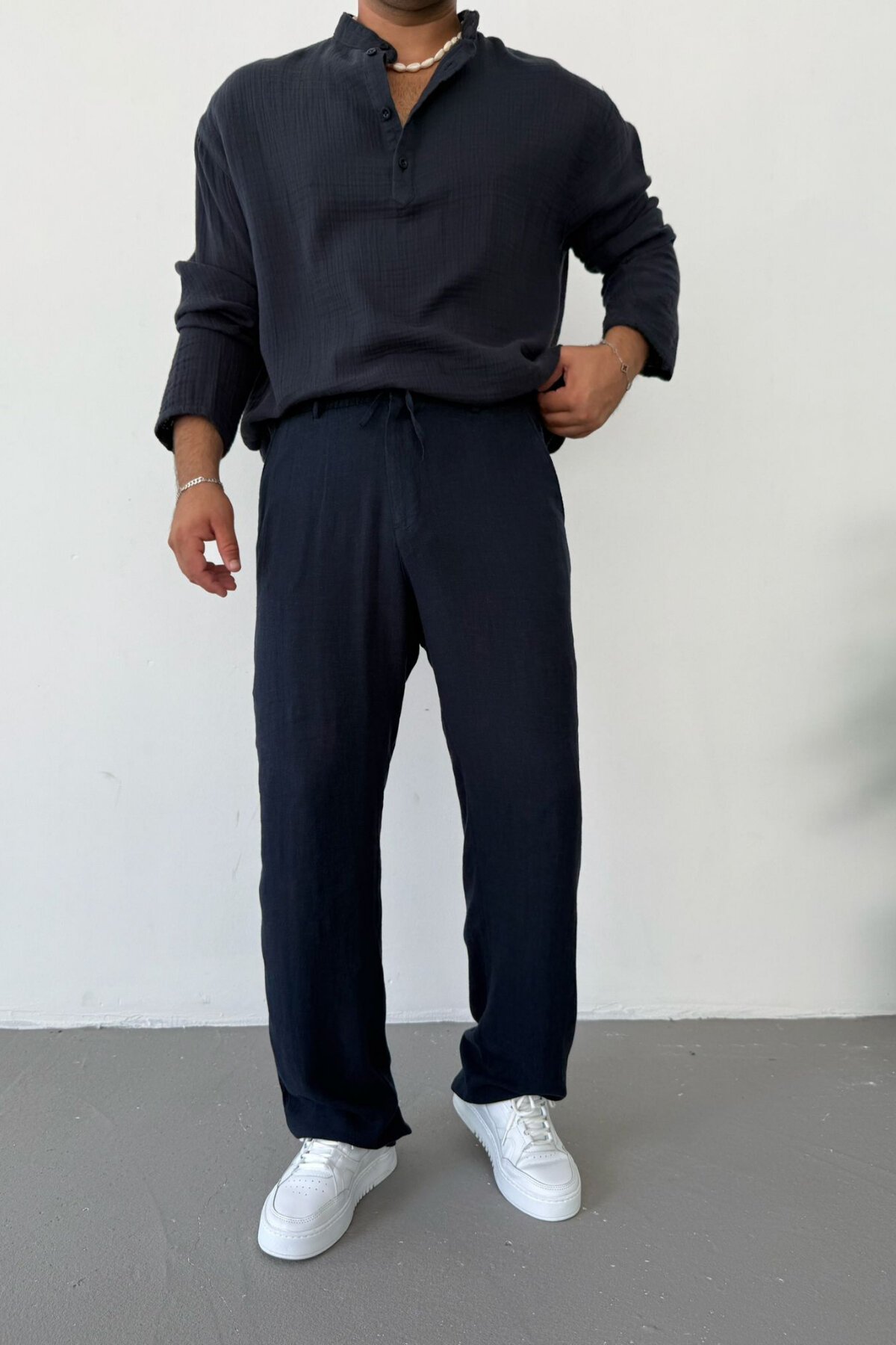 Lacivert Viscon Keten Baggy Pantolon