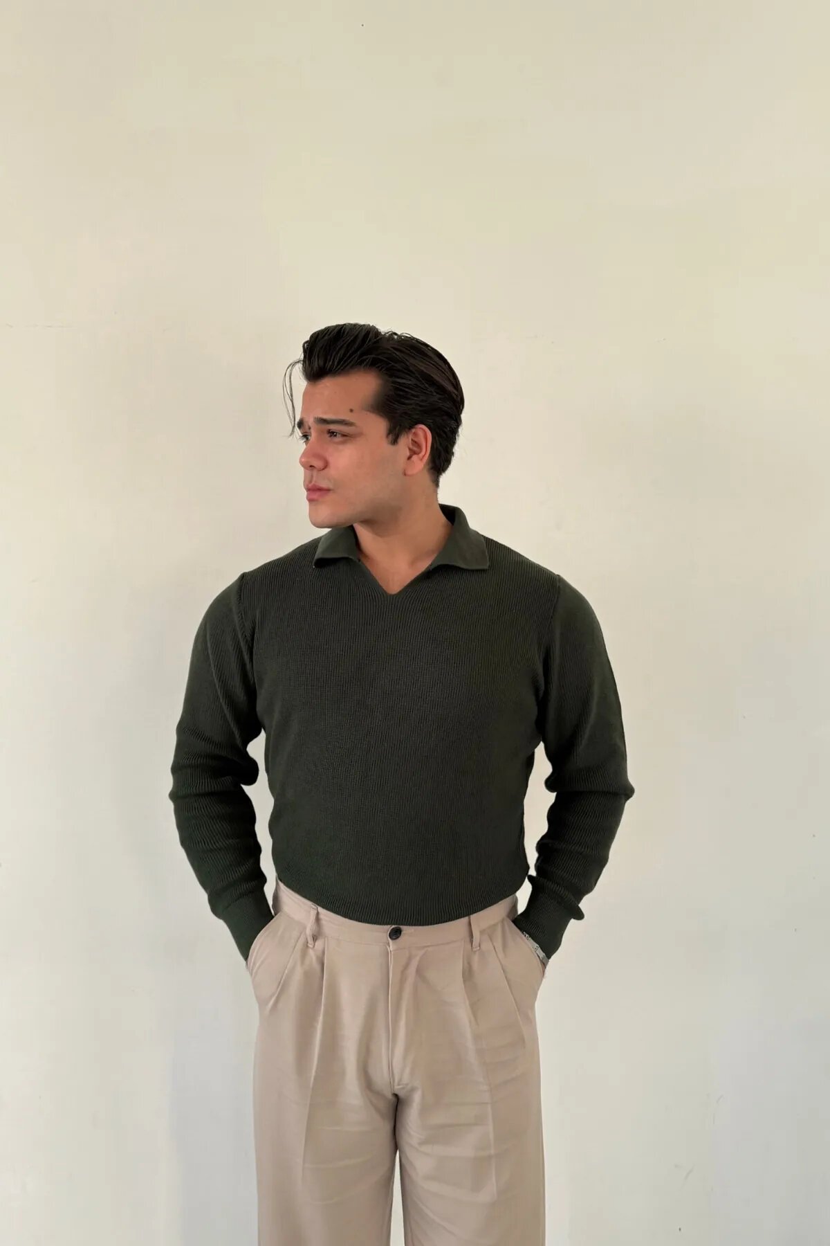 Knit Polo Collar Sweater Emerald Green