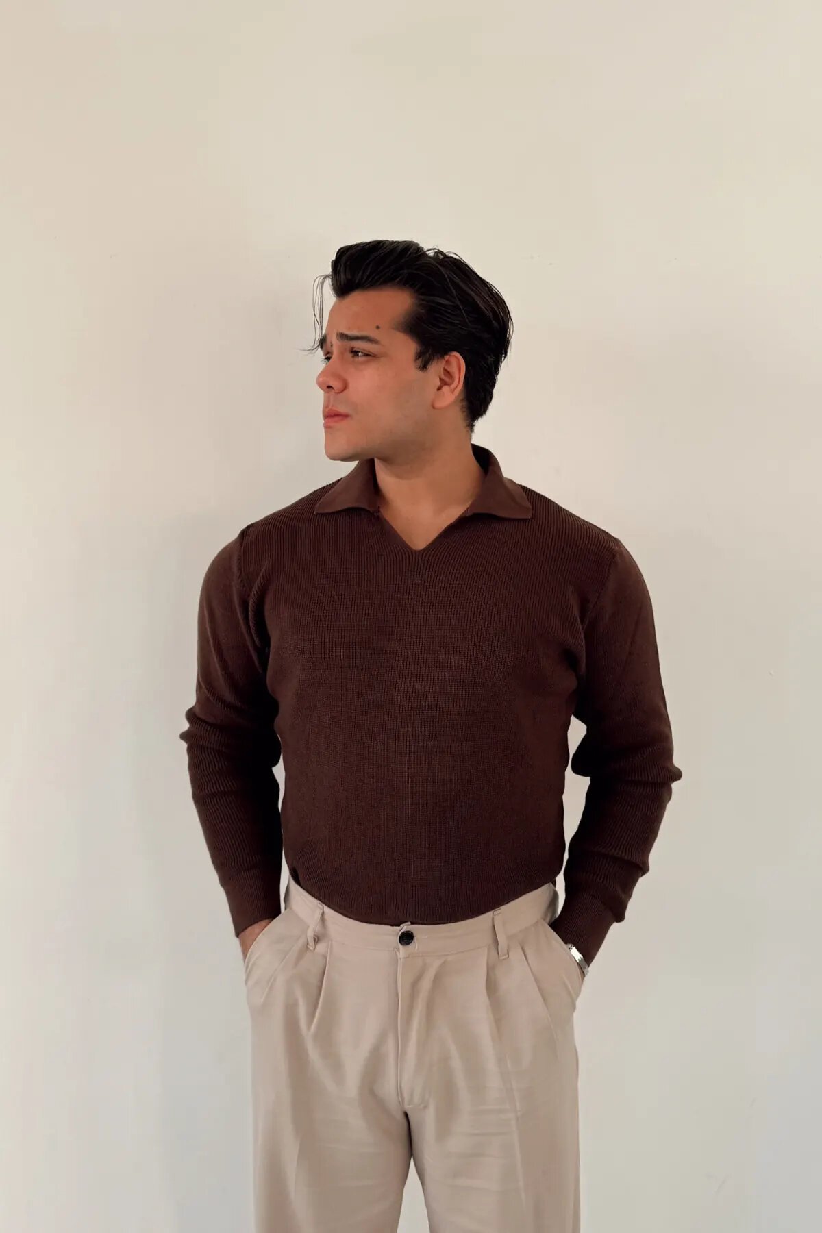 Knit Polo Collar Sweater Brown